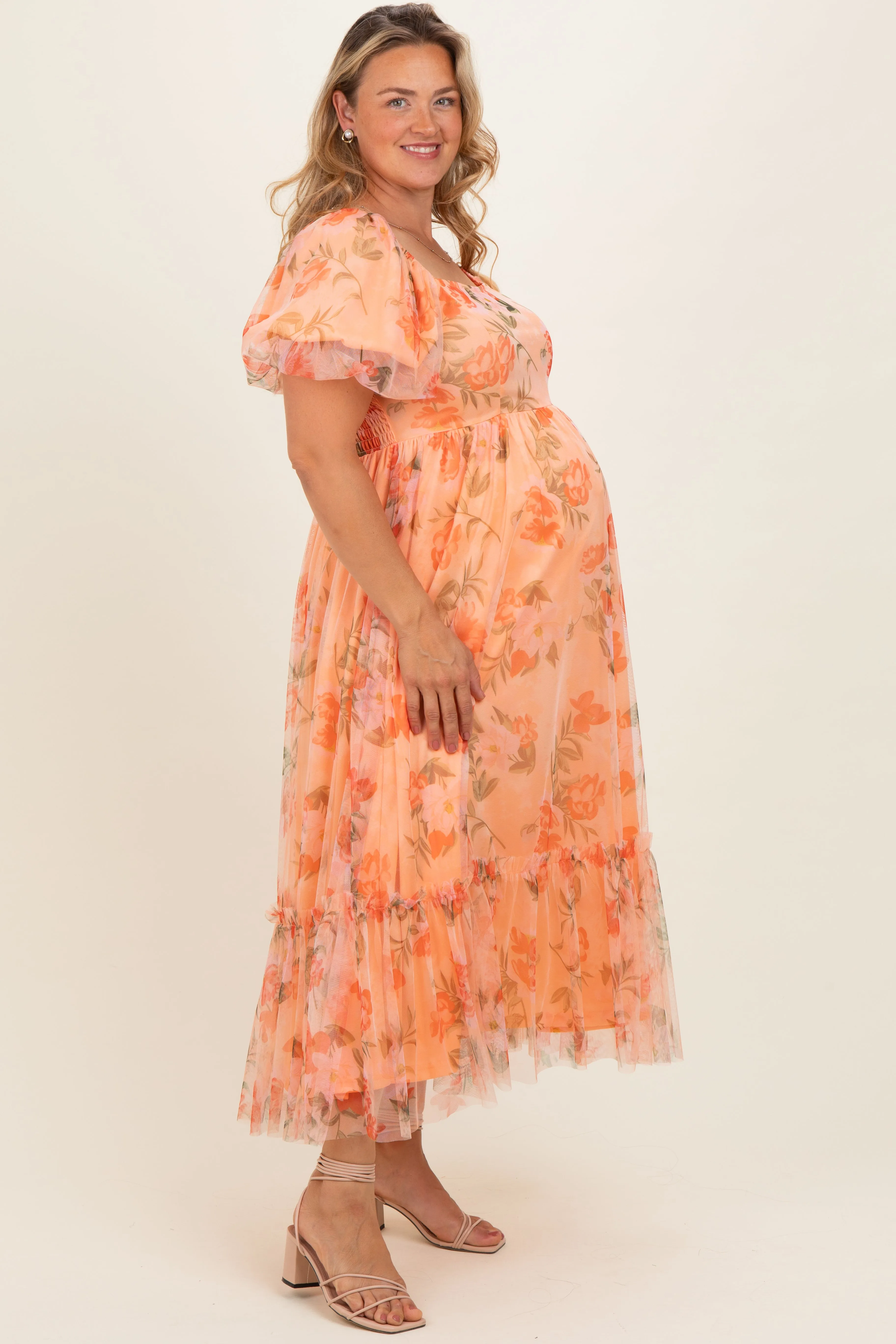 Coral Floral Puff Sleeve Maternity Plus Maxi Dress sold by Pinkblush product image thumbnail 3