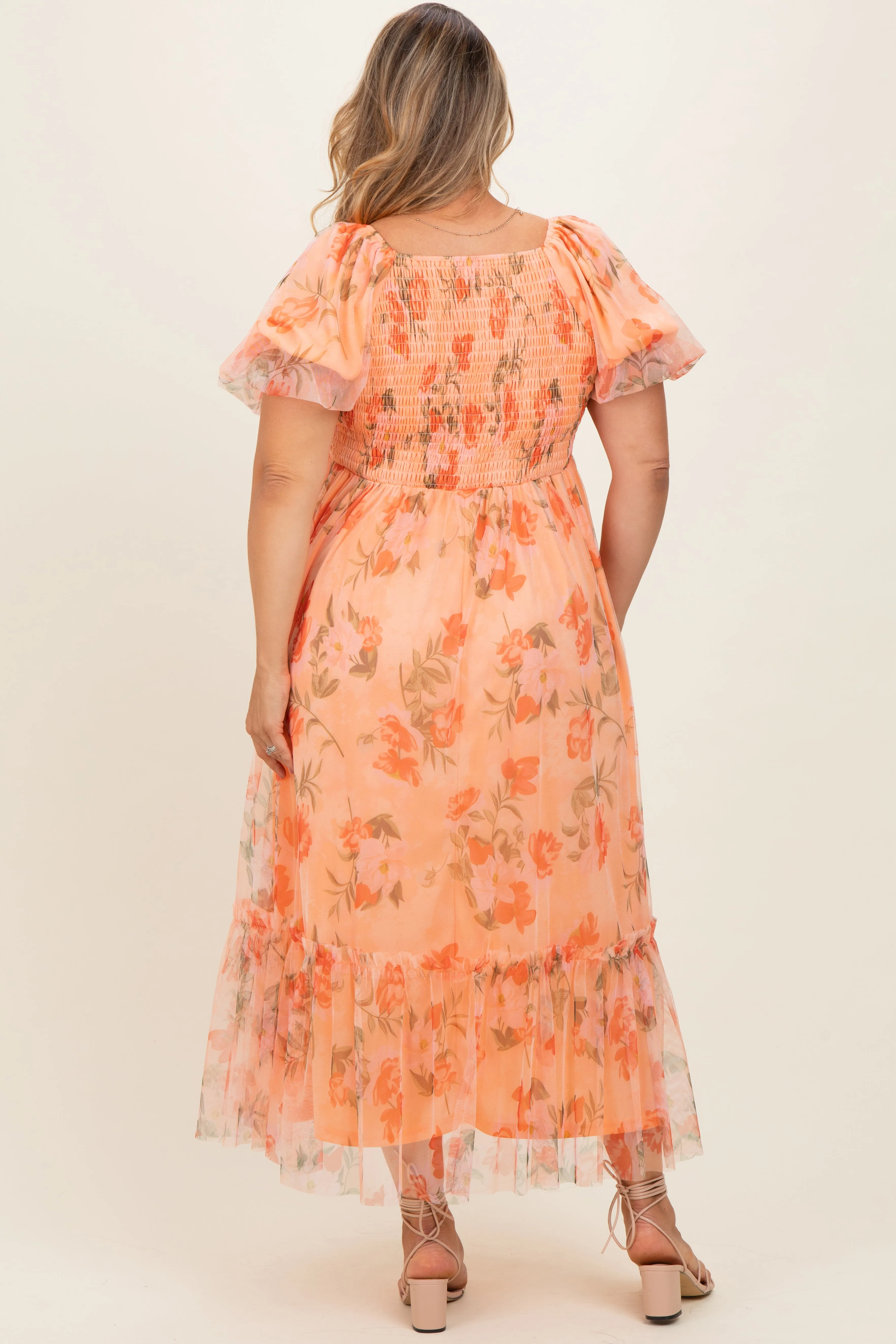 Coral Floral Puff Sleeve Maternity Plus Maxi Dress sold by Pinkblush product image thumbnail 4