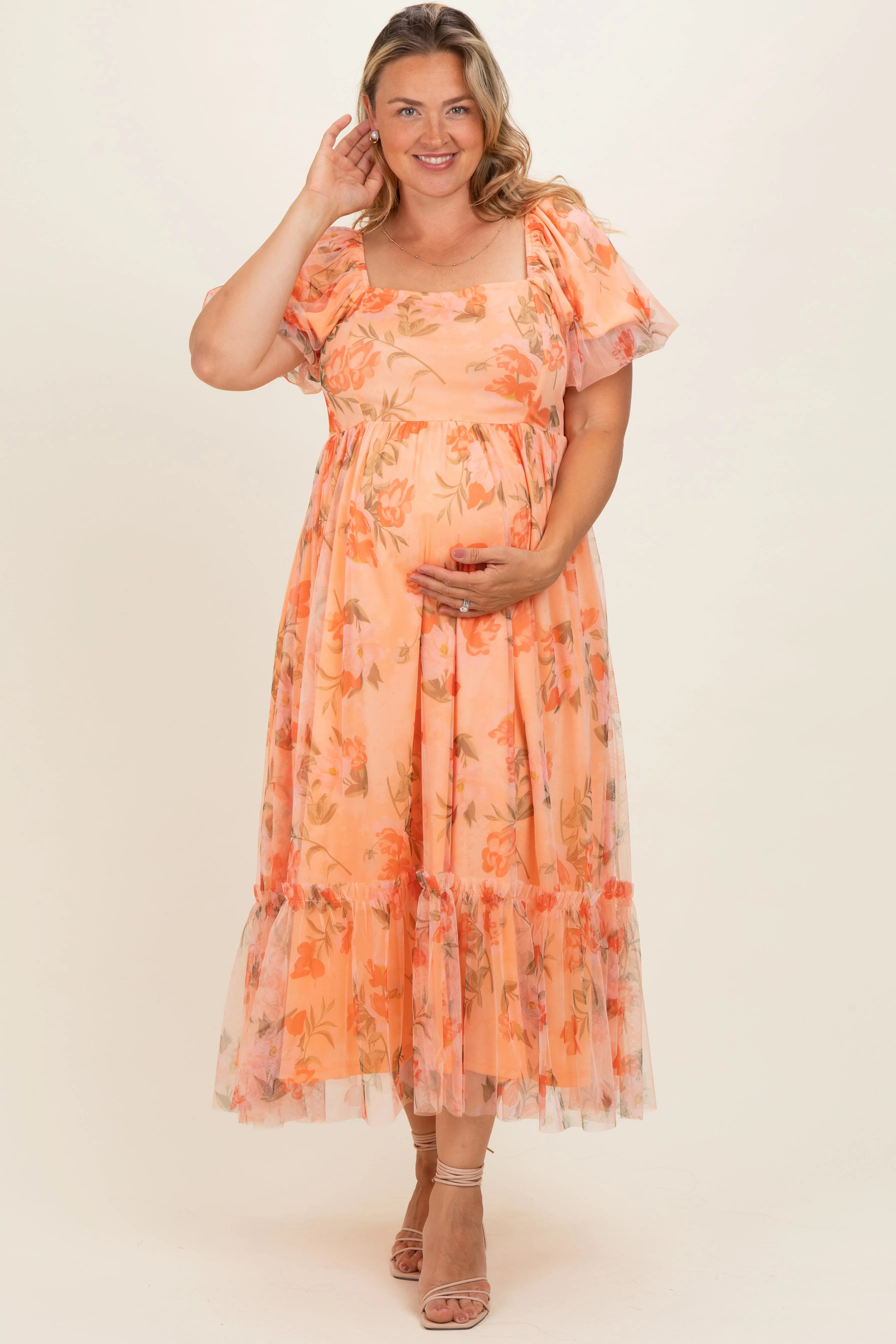 Coral Floral Puff Sleeve Maternity Plus Maxi Dress sold by Pinkblush
