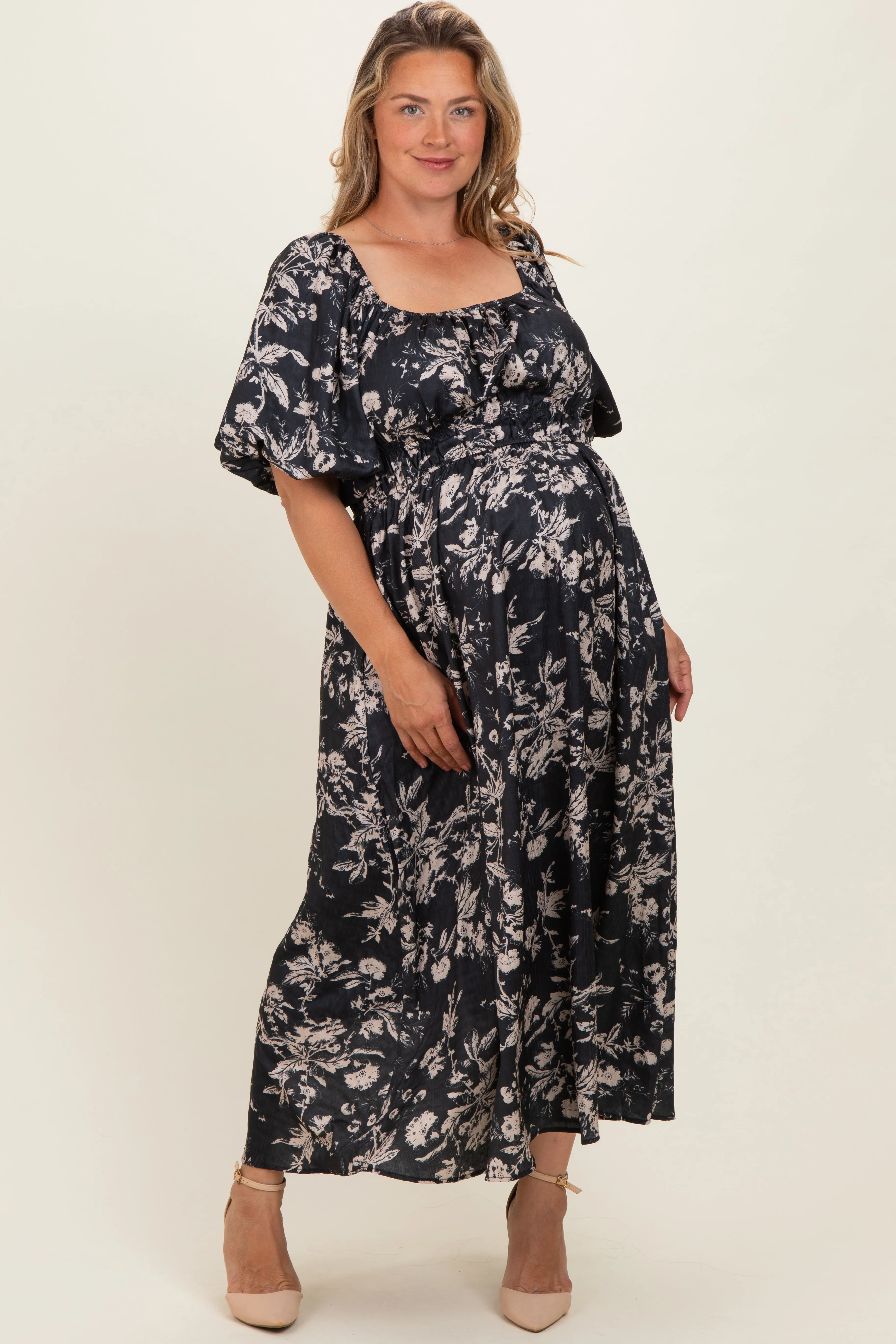 Black Floral Puff Sleeve Smocked Waist Maternity Plus Midi Dress sold by Pinkblush product image thumbnail 2