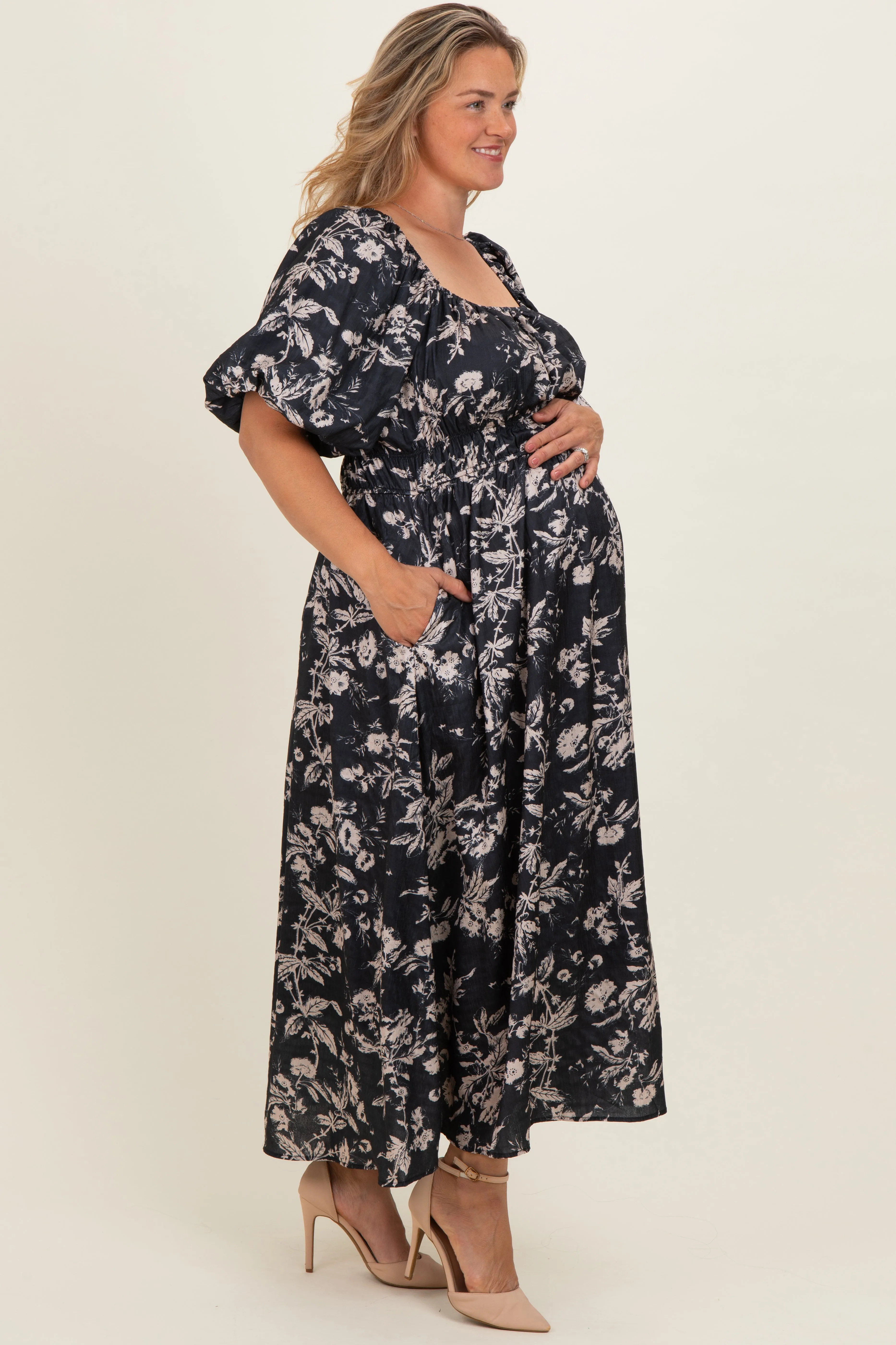 Black Floral Puff Sleeve Smocked Waist Maternity Plus Midi Dress sold by Pinkblush product image thumbnail 3