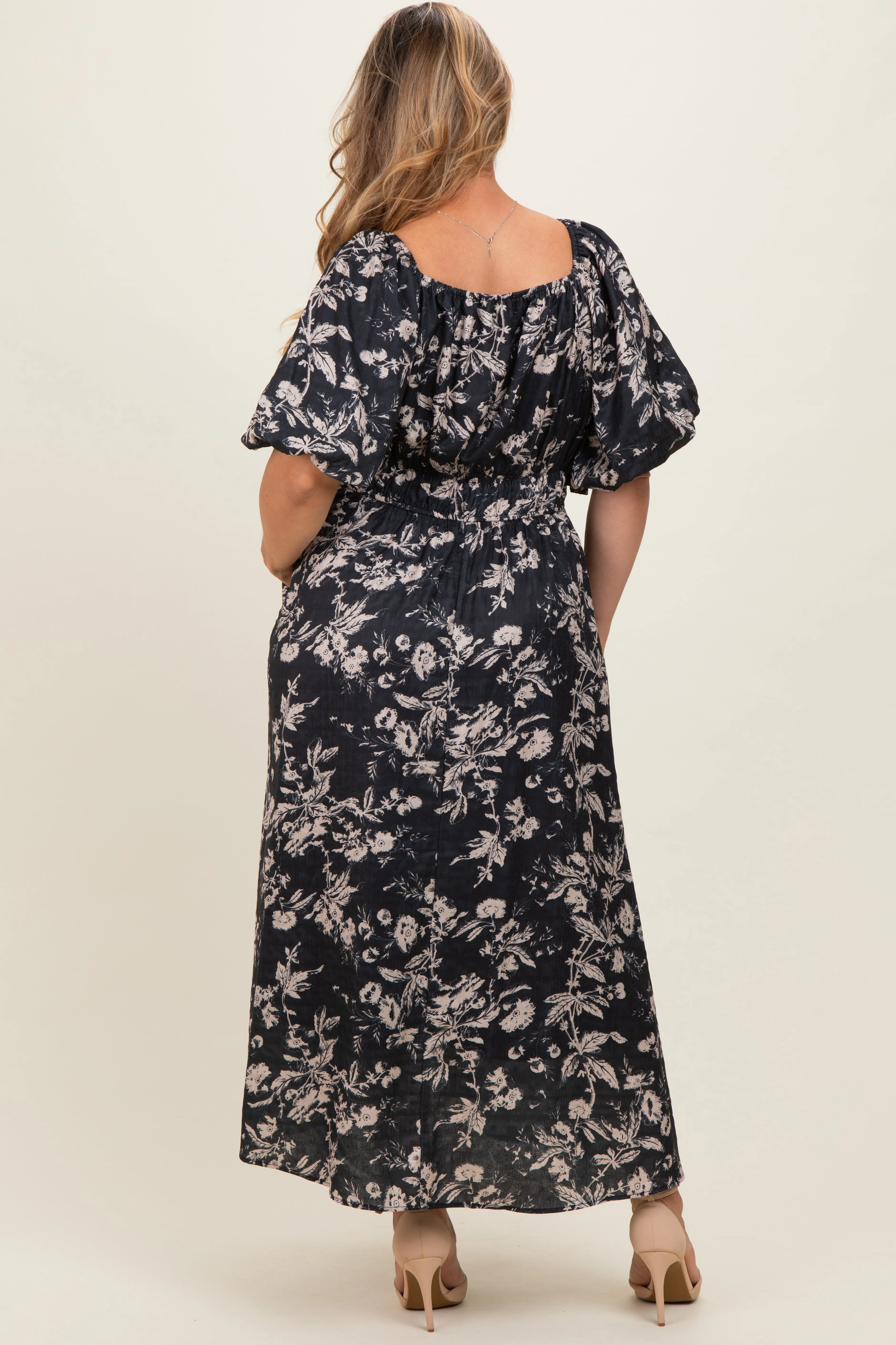 Black Floral Puff Sleeve Smocked Waist Maternity Plus Midi Dress sold by Pinkblush product image thumbnail 4