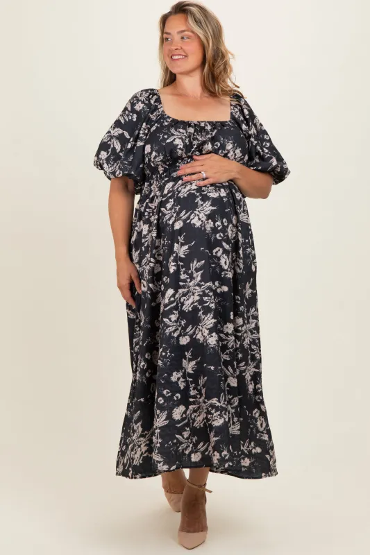 Black Floral Puff Sleeve Smocked Waist Maternity Plus Midi Dress made by Polagram
