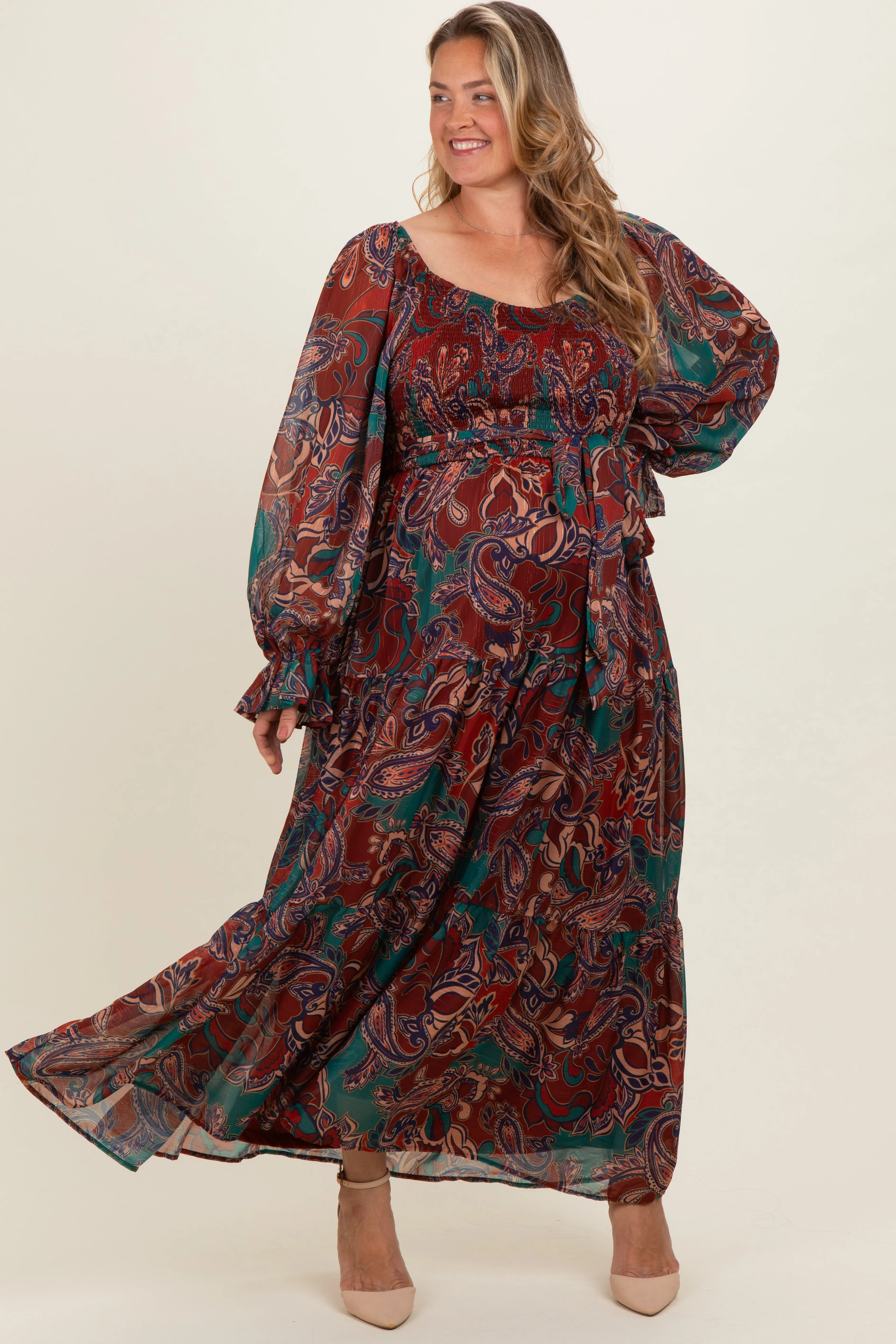 Wine Paisley Smocked Tiered Maternity Plus Maxi Dress sold by Pinkblush product image thumbnail 2