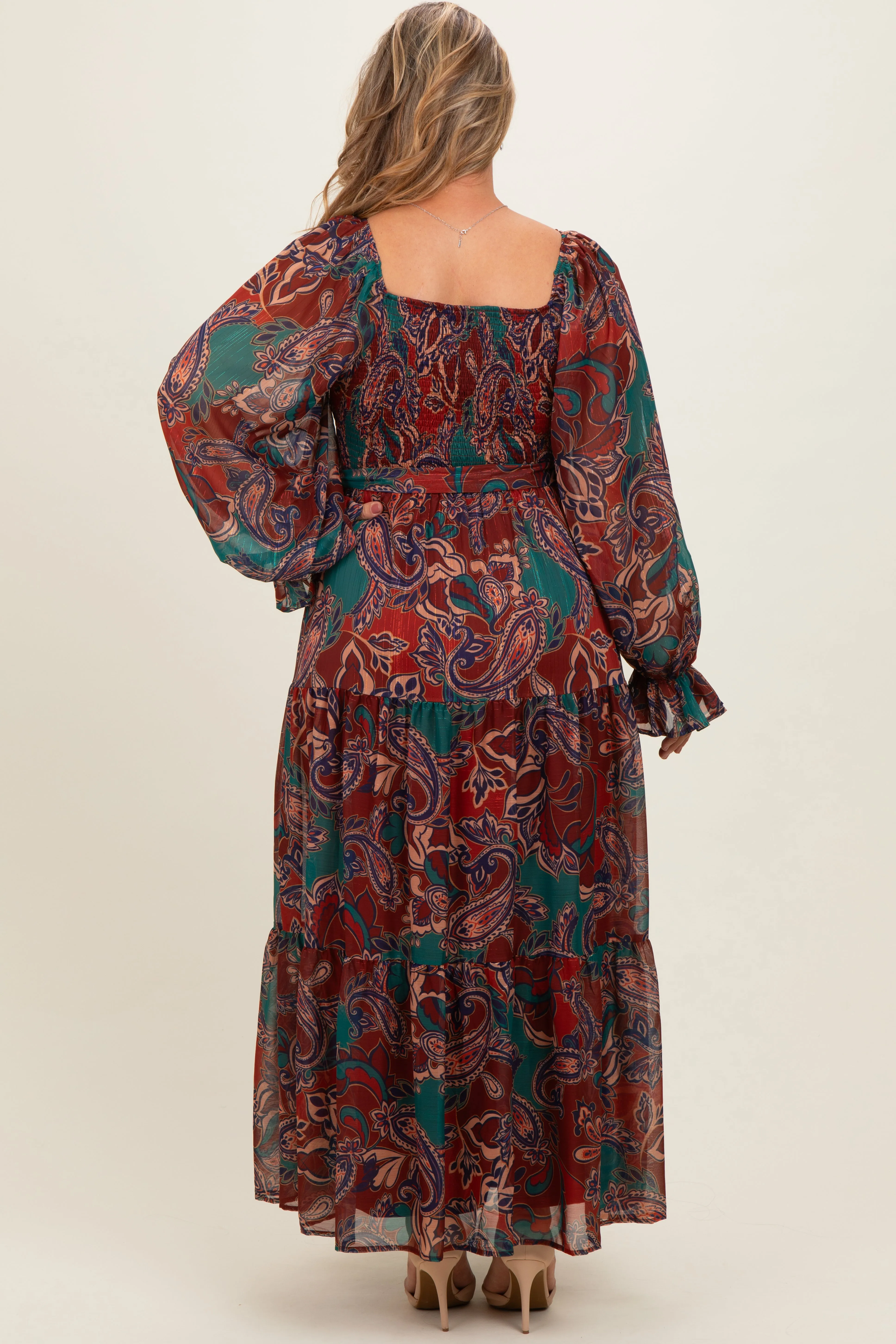 Wine Paisley Smocked Tiered Maternity Plus Maxi Dress sold by Pinkblush product image thumbnail 4