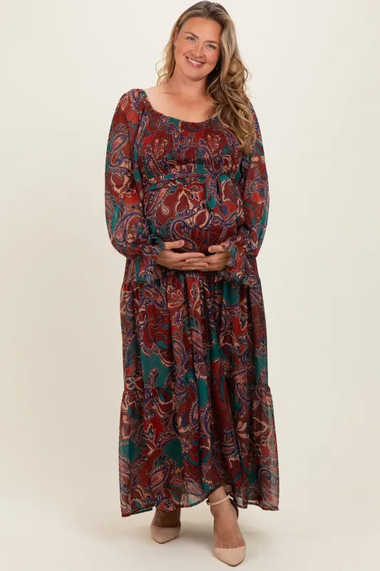 Wine Paisley Smocked Tiered Maternity Plus Maxi Dress made by Flying Tomato