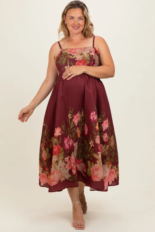 Burgundy Floral Thin Strap Maternity Plus Maxi Dress made by Flying Tomato