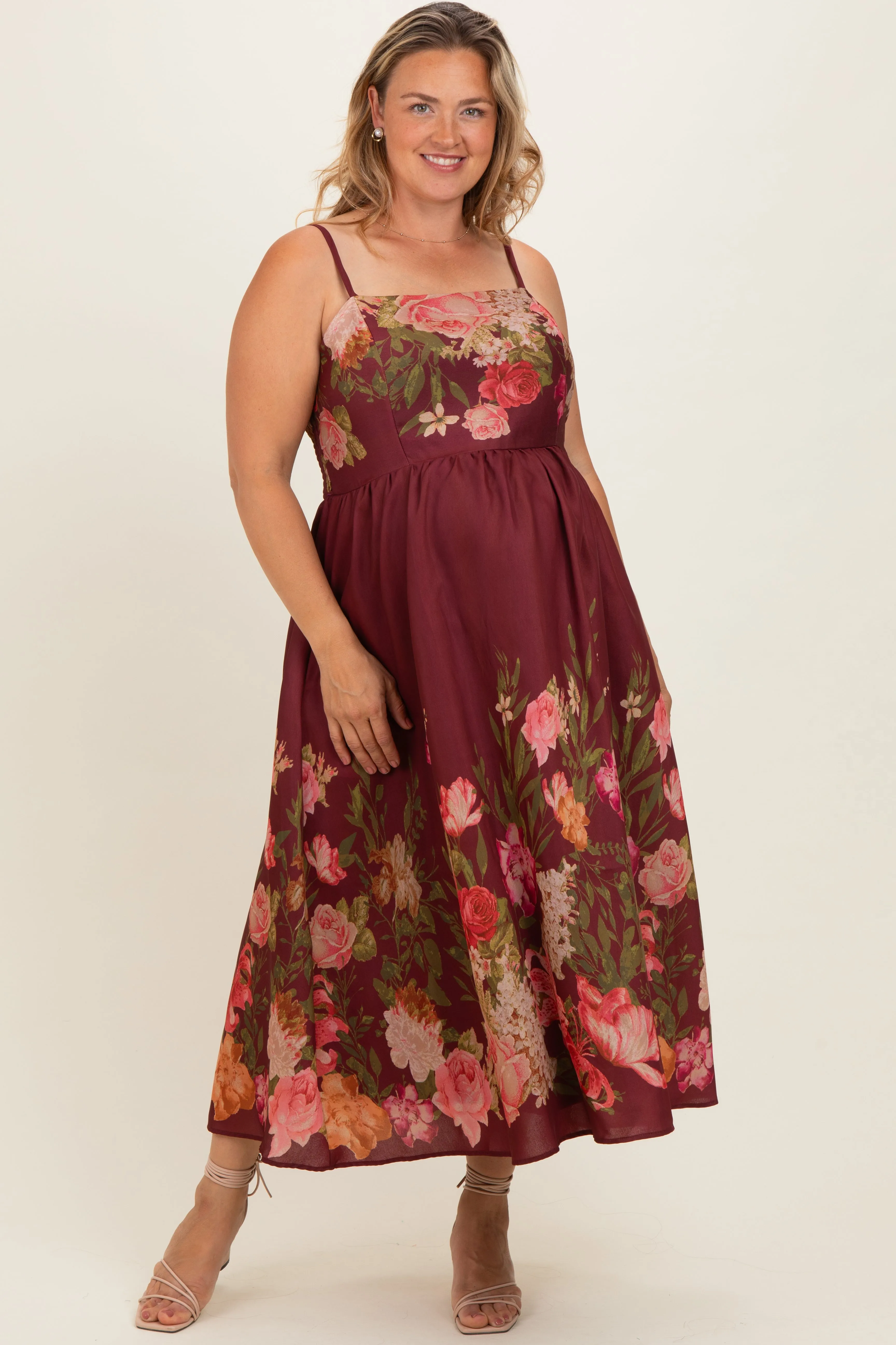 Burgundy Floral Thin Strap Maternity Plus Maxi Dress sold by Pinkblush product image thumbnail 2