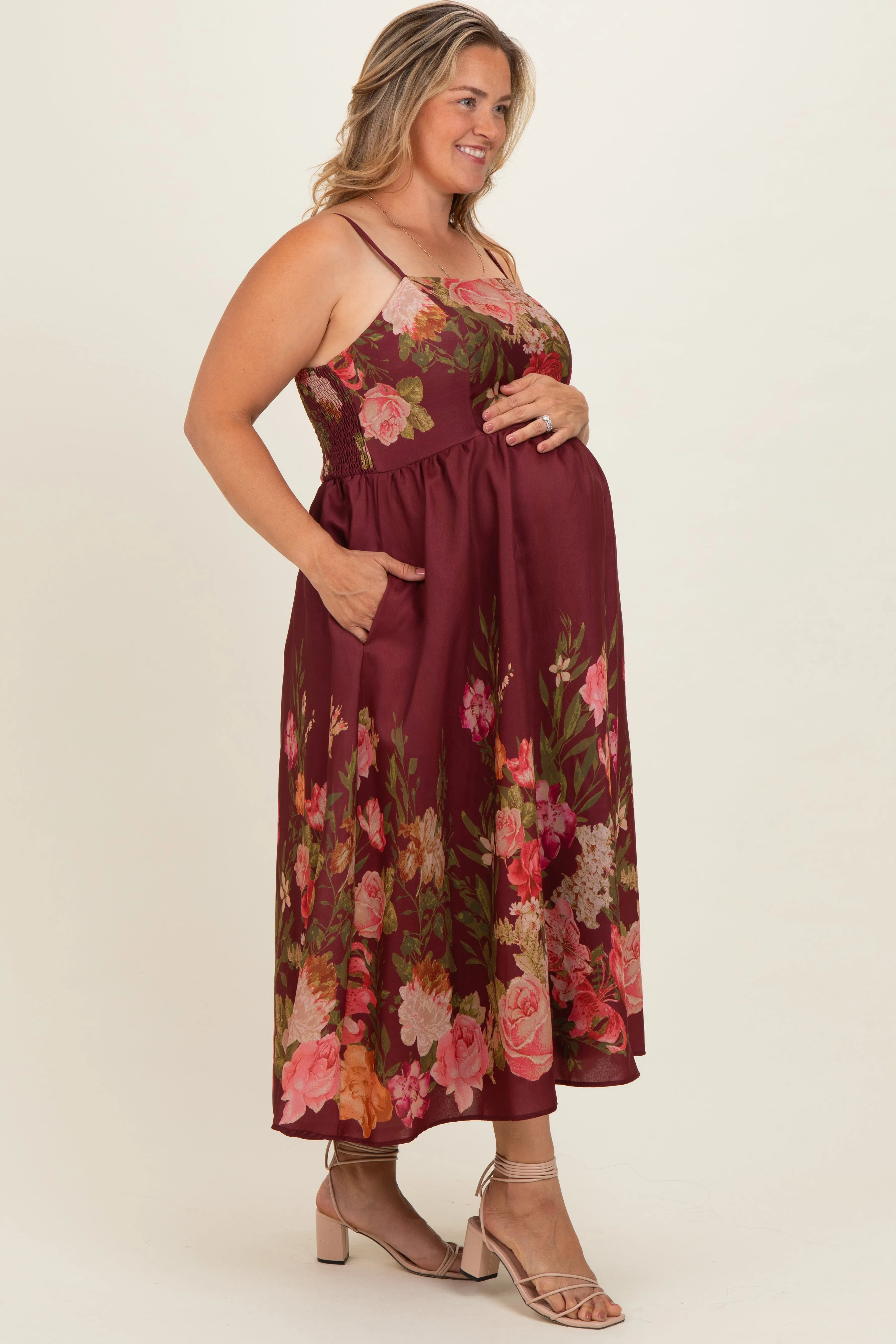 Burgundy Floral Thin Strap Maternity Plus Maxi Dress sold by Pinkblush product image thumbnail 3