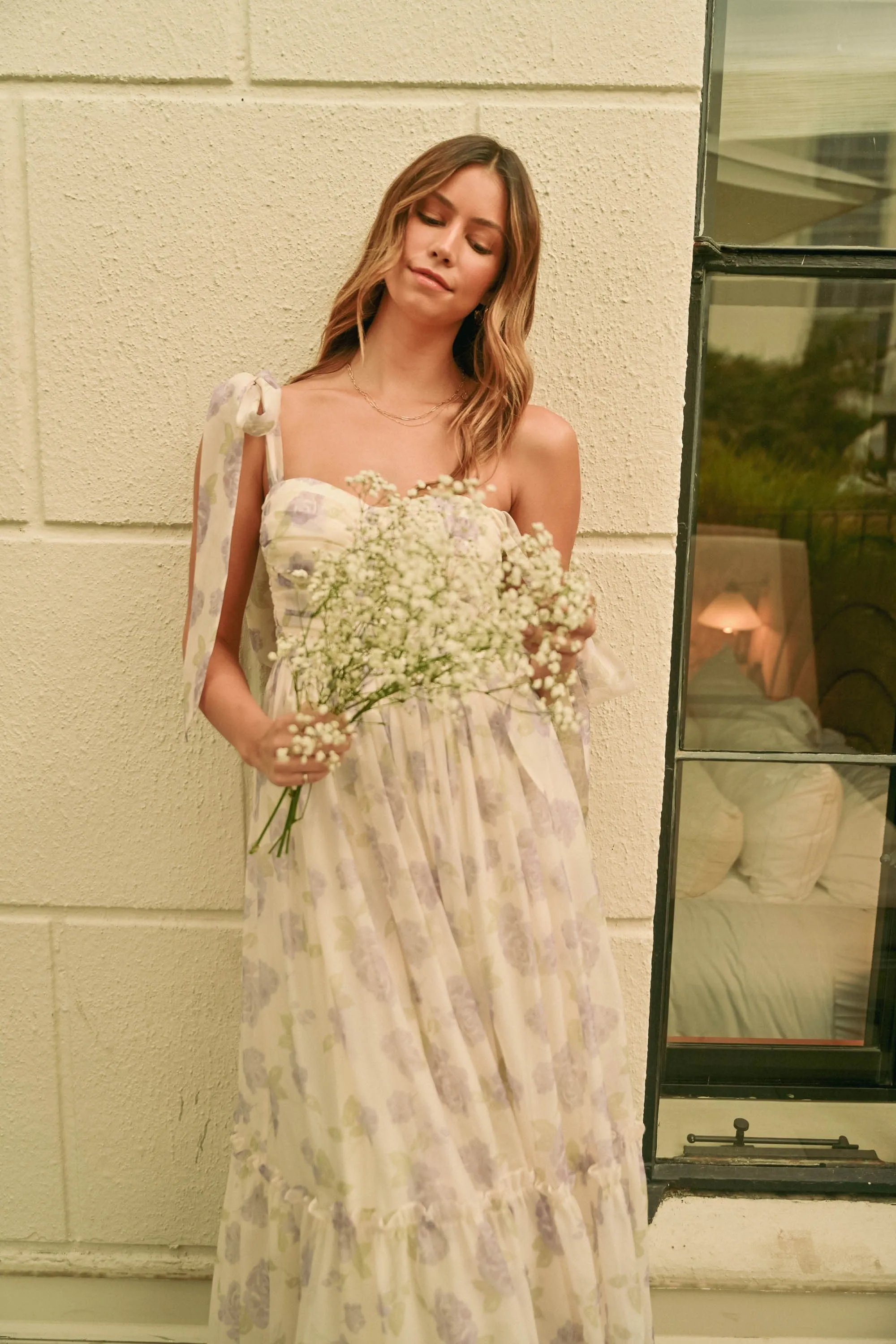 Lavender Floral Chiffon Shoulder Tie Midi Dress sold by Pinkblush product image thumbnail 3