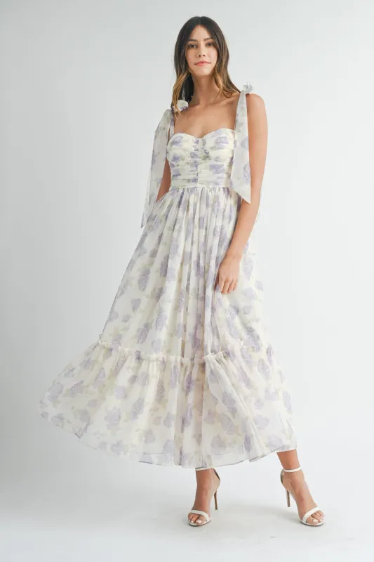 Lavender Floral Chiffon Shoulder Tie Midi Dress made by MABLE