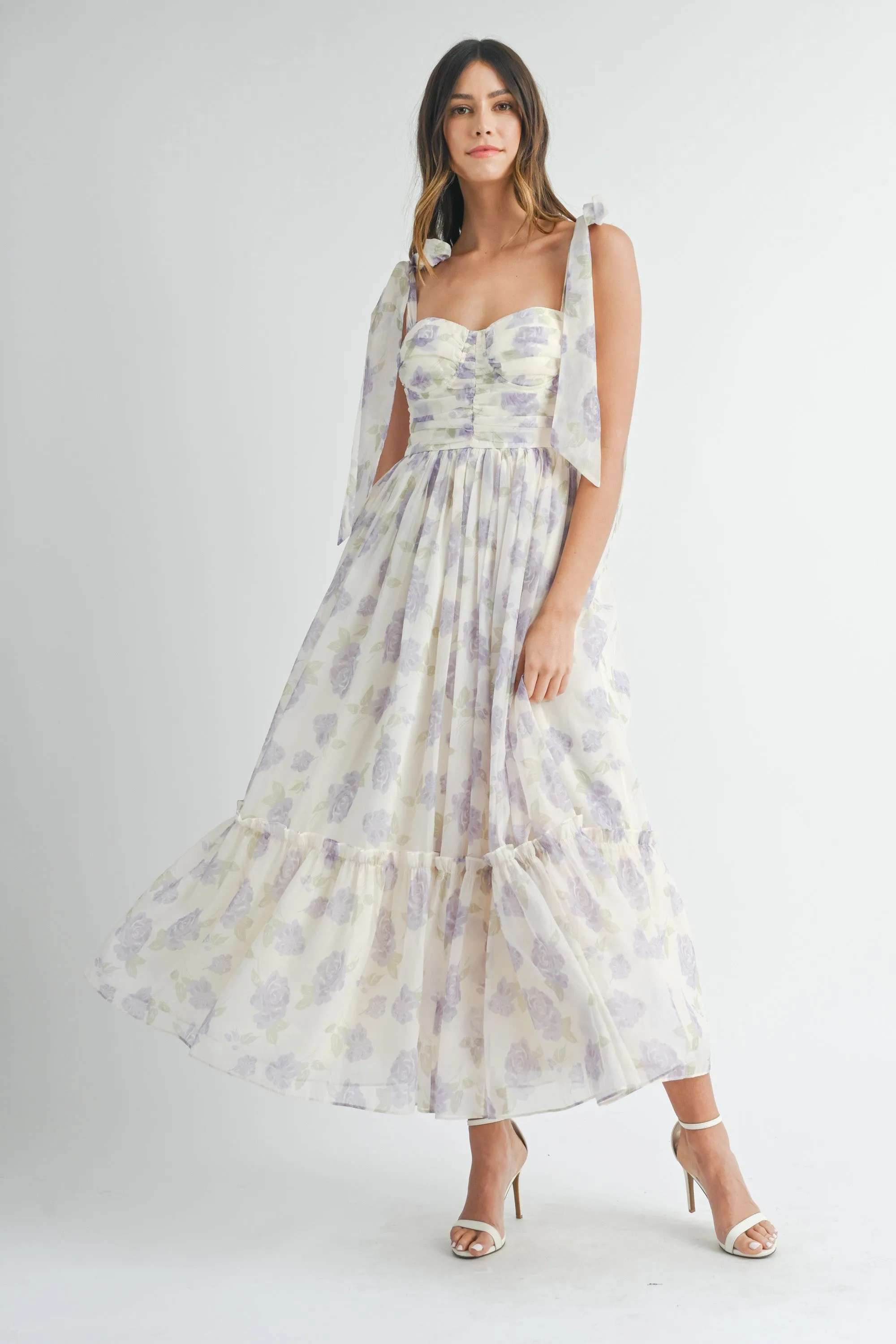 Lavender Floral Chiffon Shoulder Tie Midi Dress sold by Pinkblush
