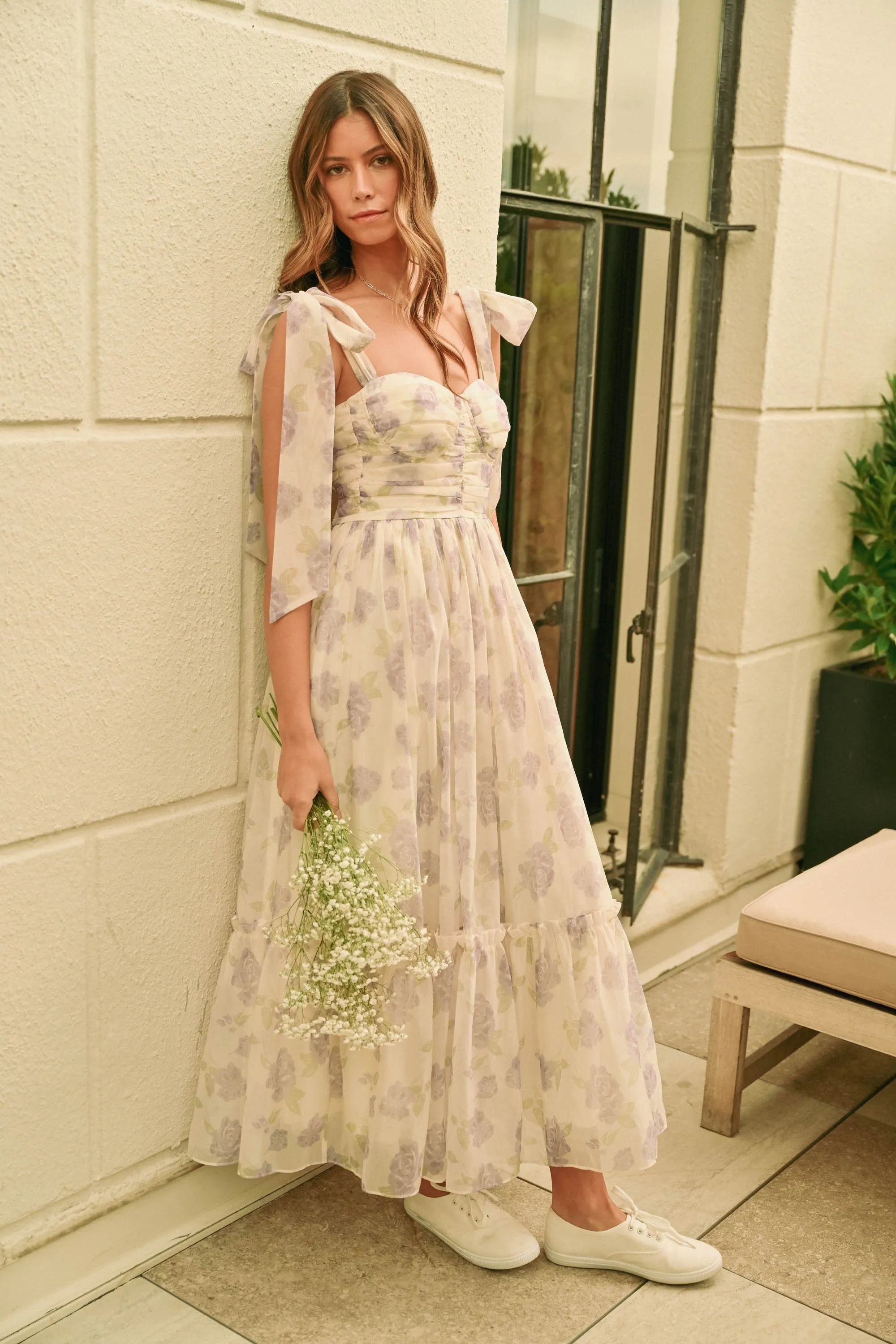 Lavender Floral Chiffon Shoulder Tie Midi Dress sold by Pinkblush product image thumbnail 2