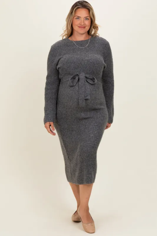 Charcoal Ribbed Tie Waist Maternity Plus Sweater Dress made by Flying Tomato