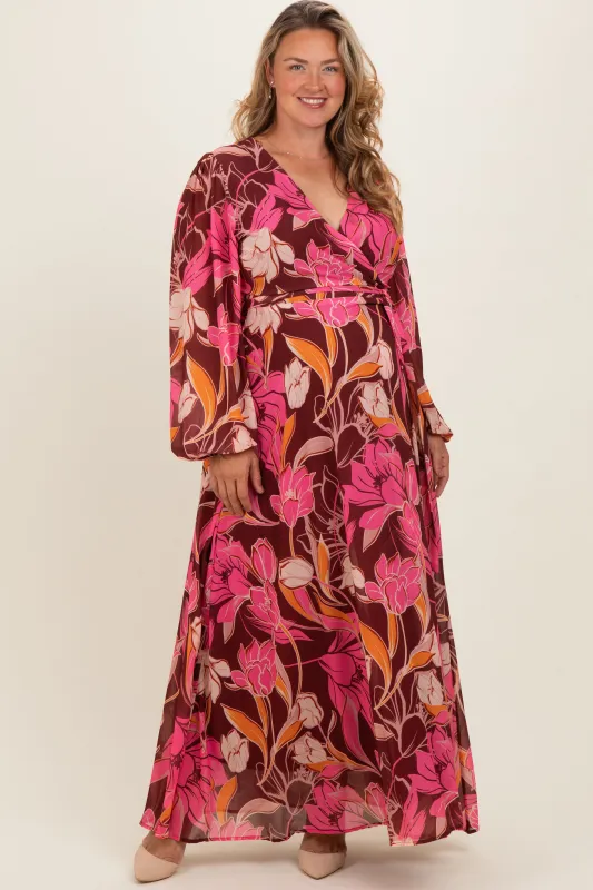 Burgundy Floral Deep V-Neck Maternity Plus Maxi Dress made by Flying Tomato