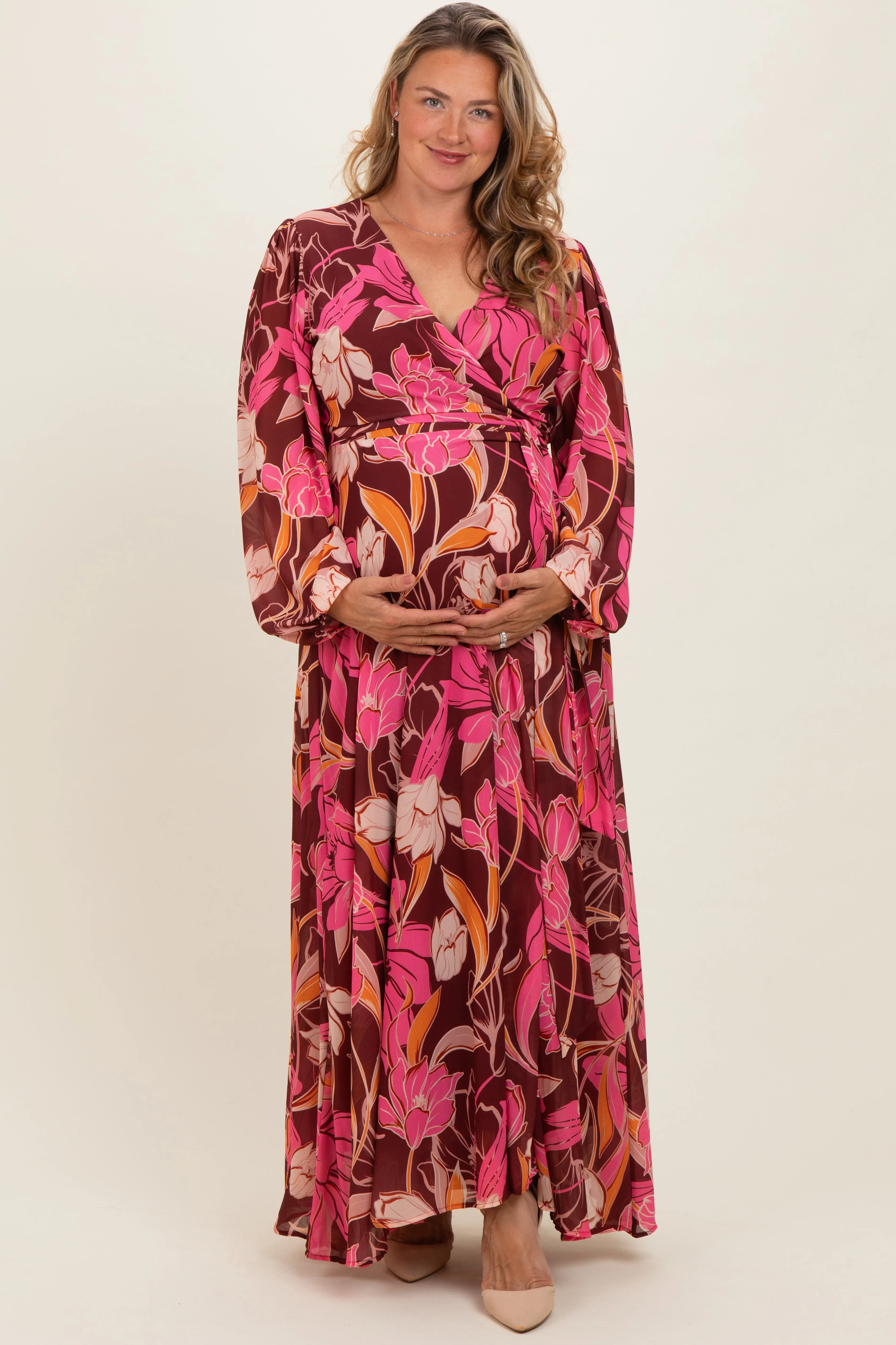 Burgundy Floral Deep V-Neck Maternity Plus Maxi Dress sold by Pinkblush product image thumbnail 2