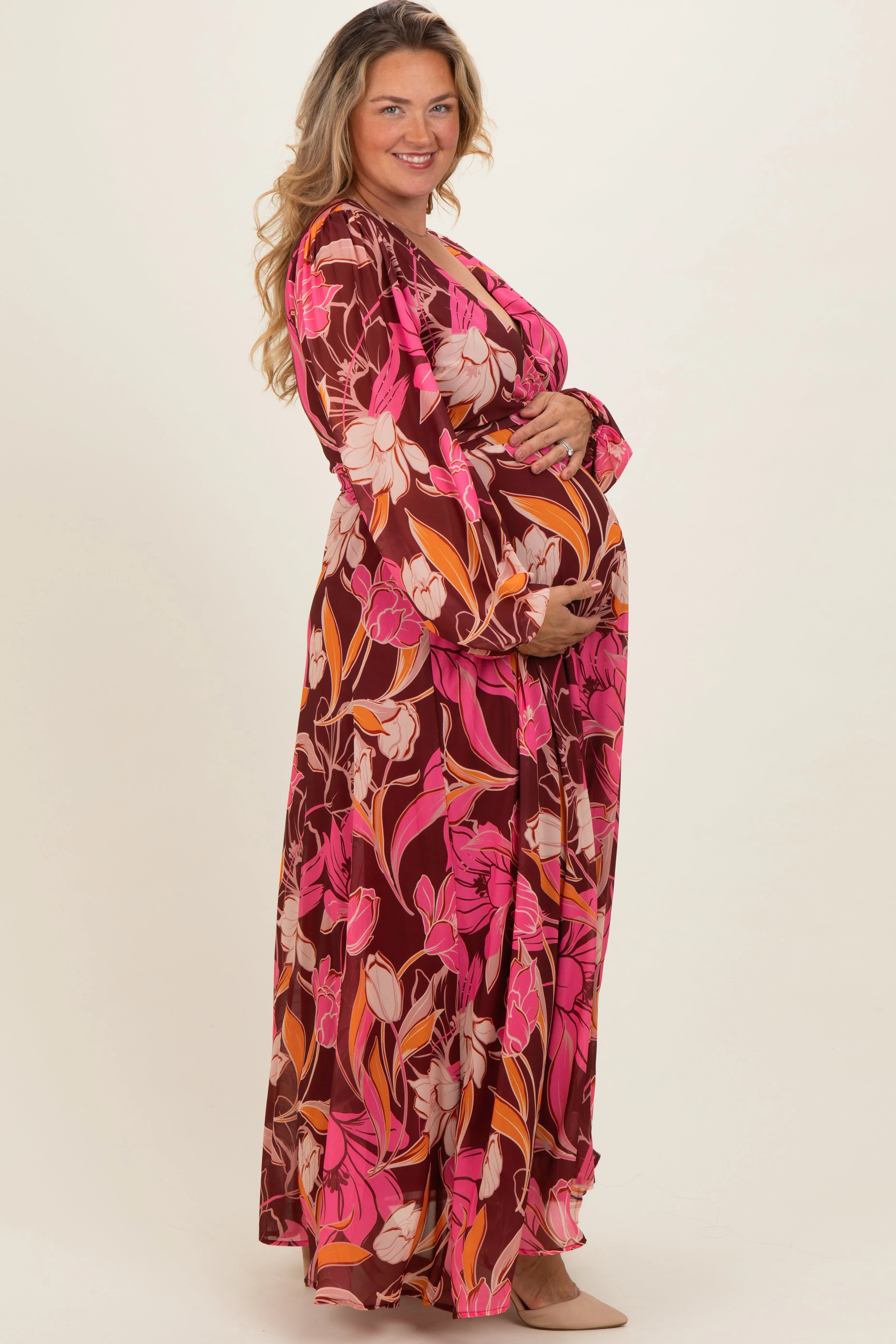 Burgundy Floral Deep V-Neck Maternity Plus Maxi Dress sold by Pinkblush product image thumbnail 3