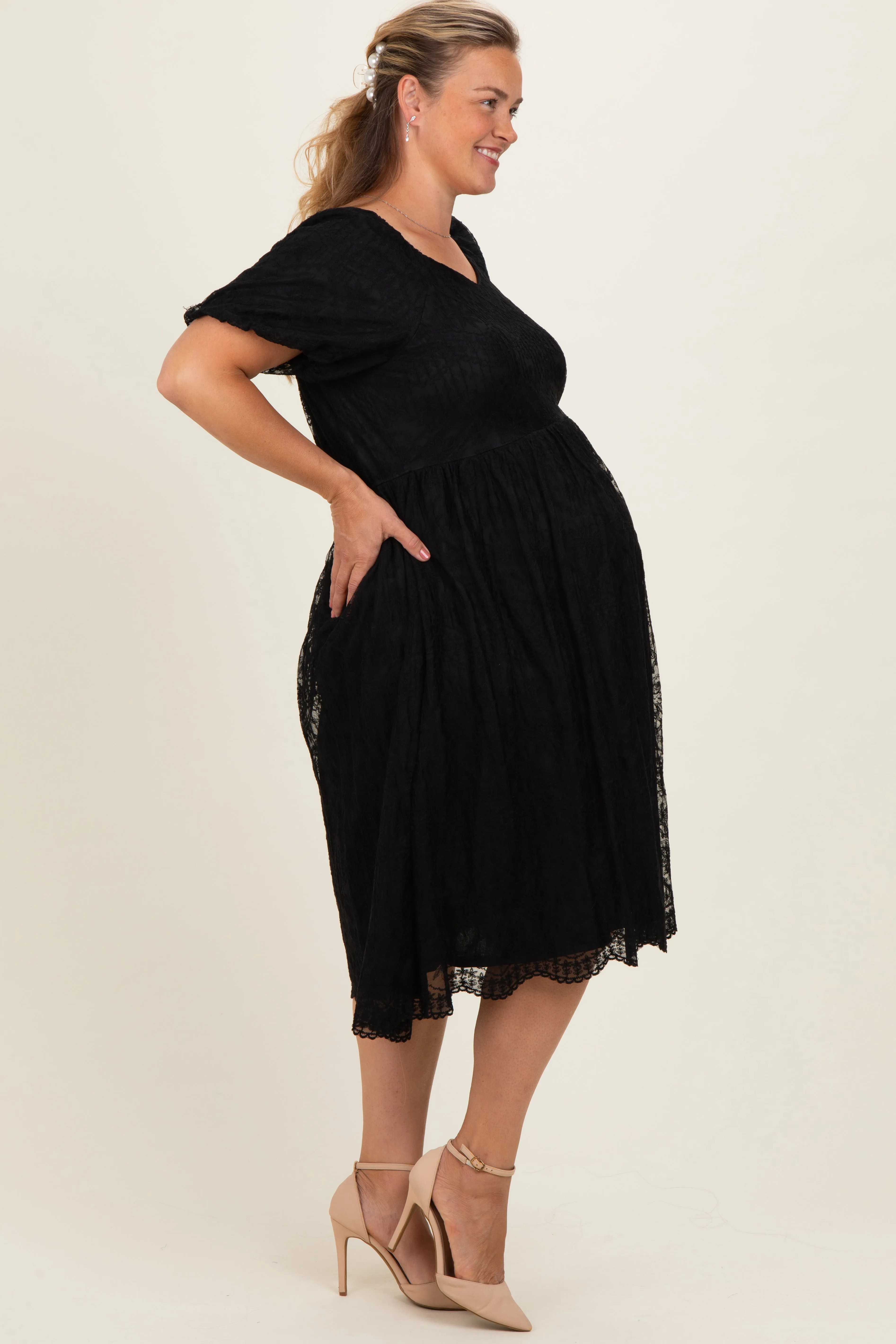 Black Lace Sweetheart Neck Short Sleeve Maternity Plus Midi Dress sold by Pinkblush product image thumbnail 3