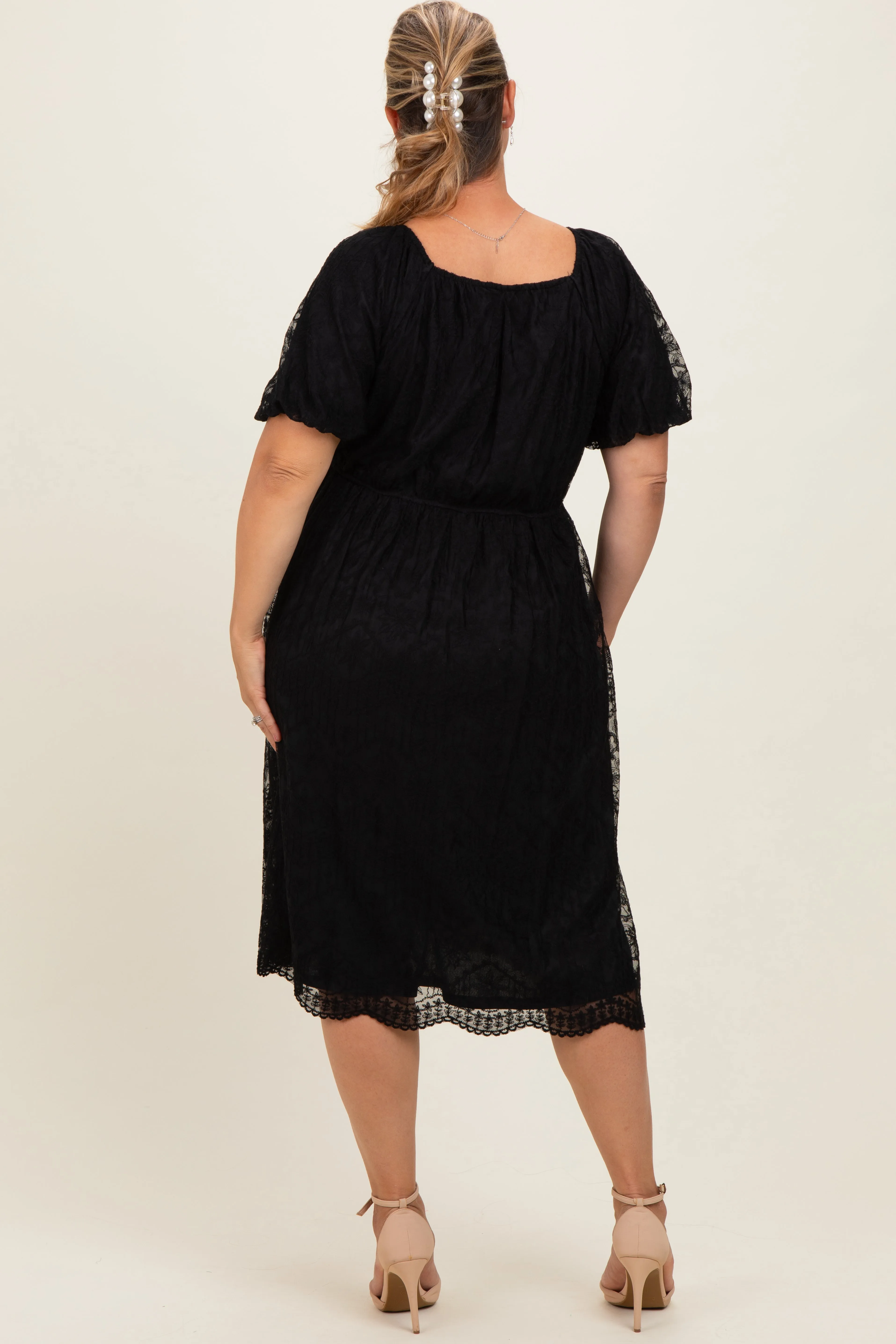Black Lace Sweetheart Neck Short Sleeve Maternity Plus Midi Dress sold by Pinkblush product image thumbnail 4