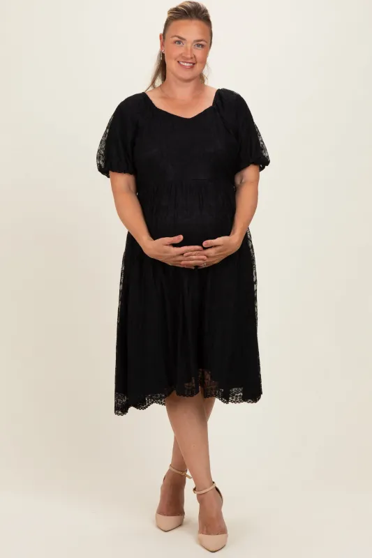 Black Lace Sweetheart Neck Short Sleeve Maternity Plus Midi Dress made by tea n rose