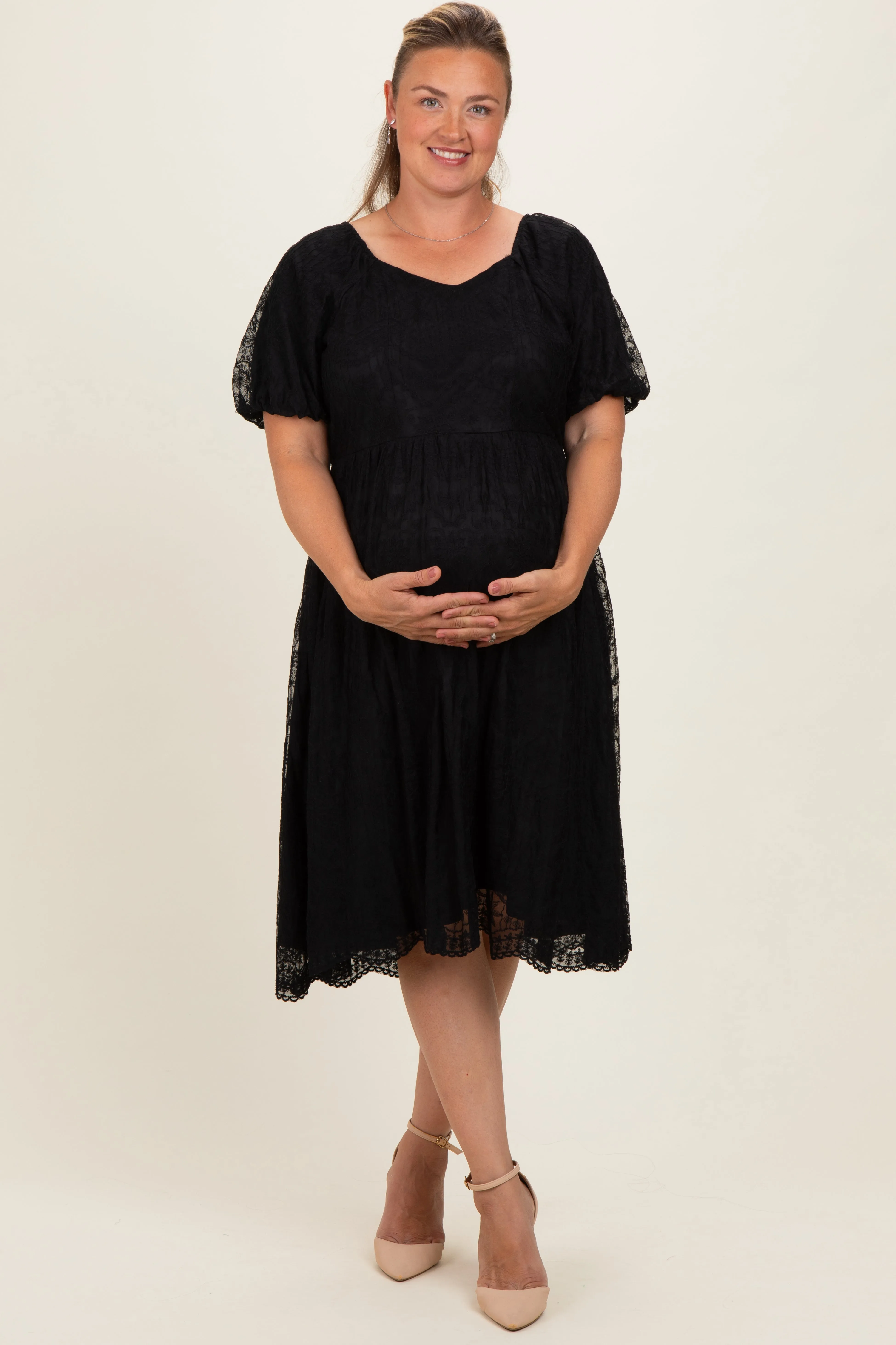Black Lace Sweetheart Neck Short Sleeve Maternity Plus Midi Dress sold by Pinkblush