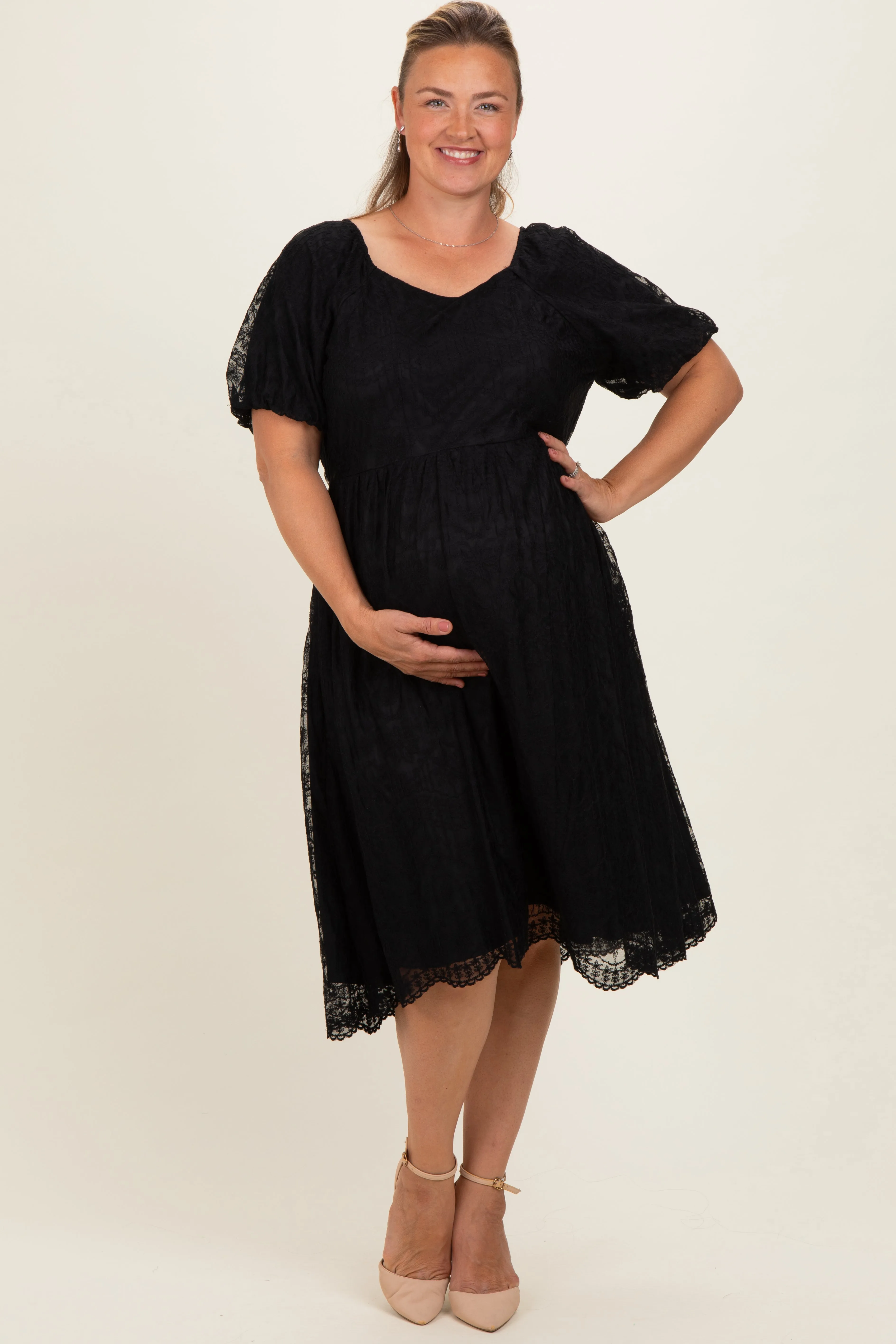 Black Lace Sweetheart Neck Short Sleeve Maternity Plus Midi Dress sold by Pinkblush product image thumbnail 2