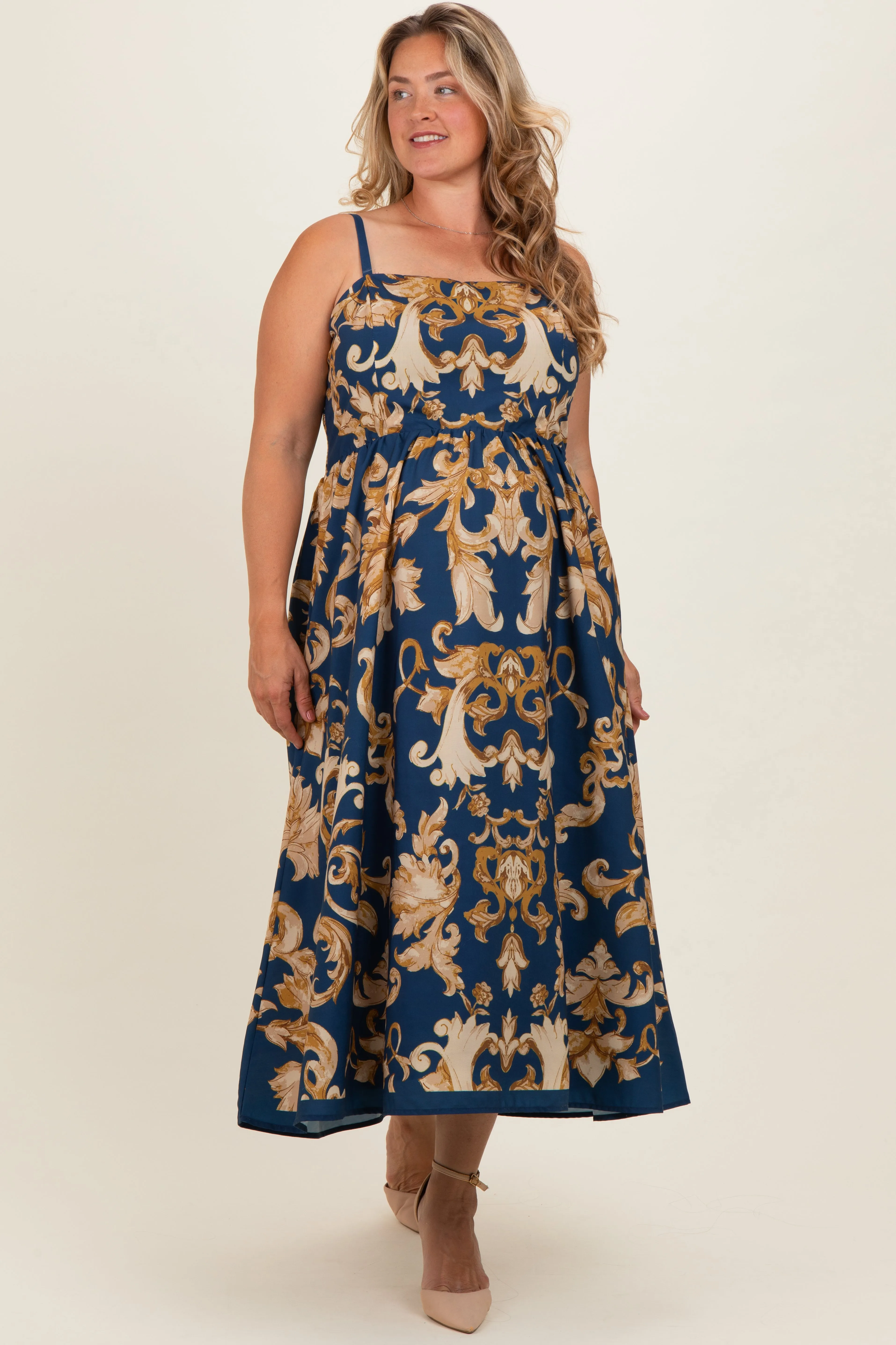Dark Teal Damask Sleeveless Maternity Plus Maxi Dress sold by Pinkblush product image thumbnail 2