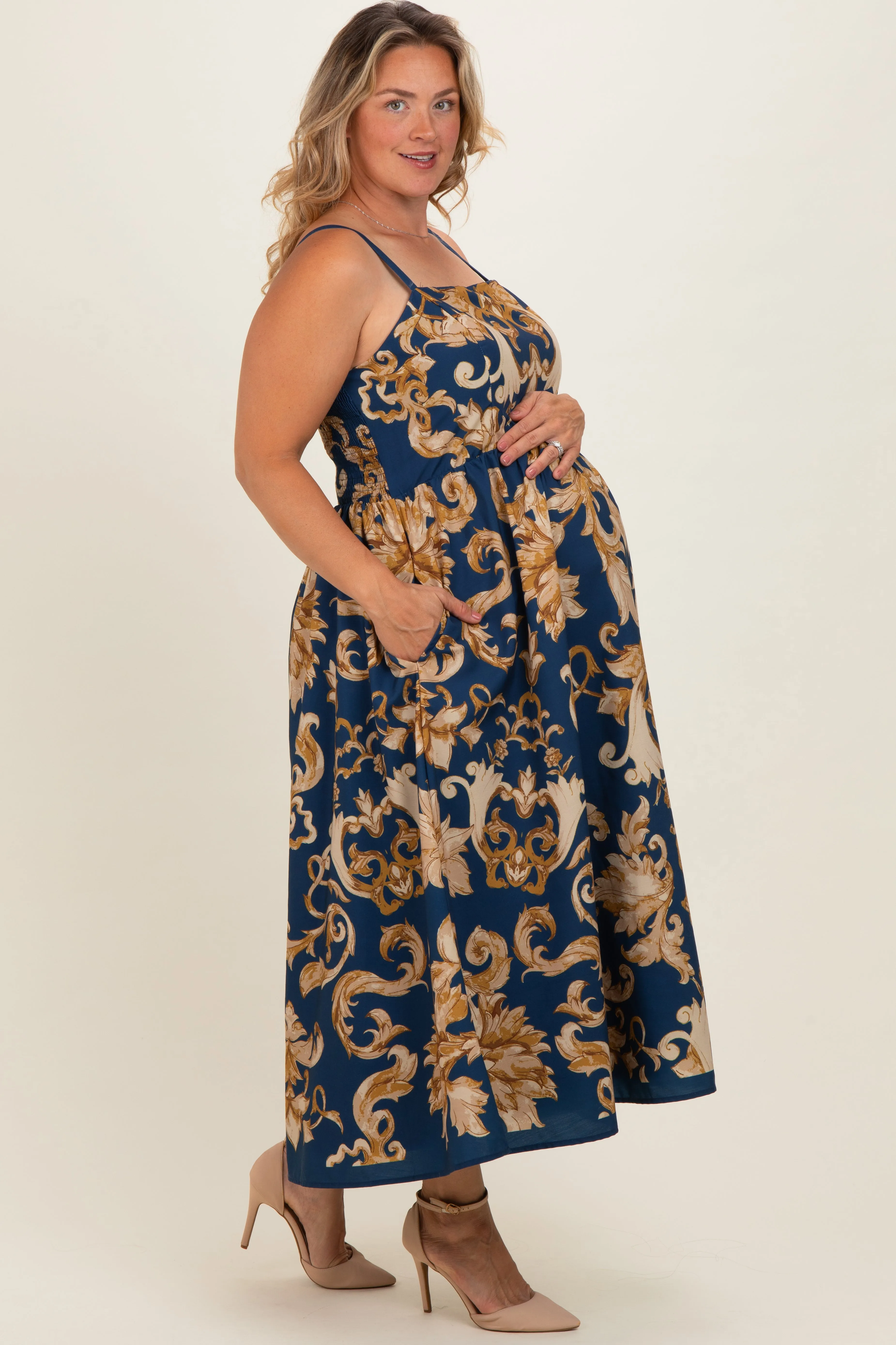 Dark Teal Damask Sleeveless Maternity Plus Maxi Dress sold by Pinkblush product image thumbnail 3