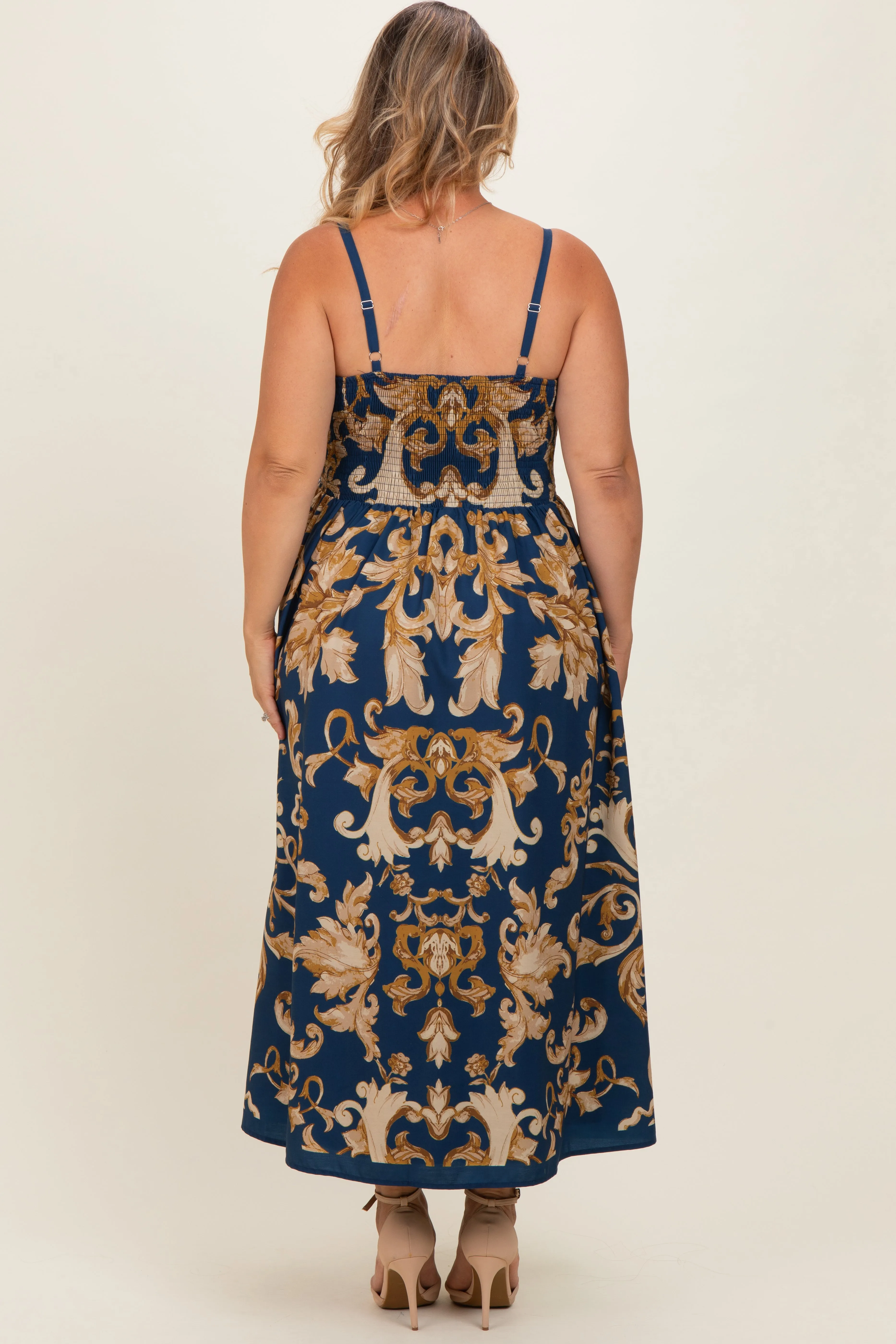 Dark Teal Damask Sleeveless Maternity Plus Maxi Dress sold by Pinkblush product image thumbnail 4
