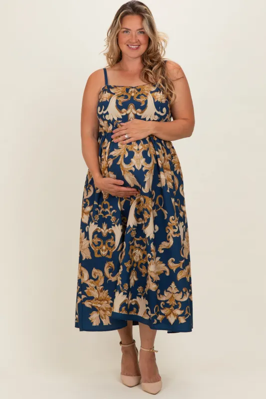 Dark Teal Damask Sleeveless Maternity Plus Maxi Dress made by Flying Tomato