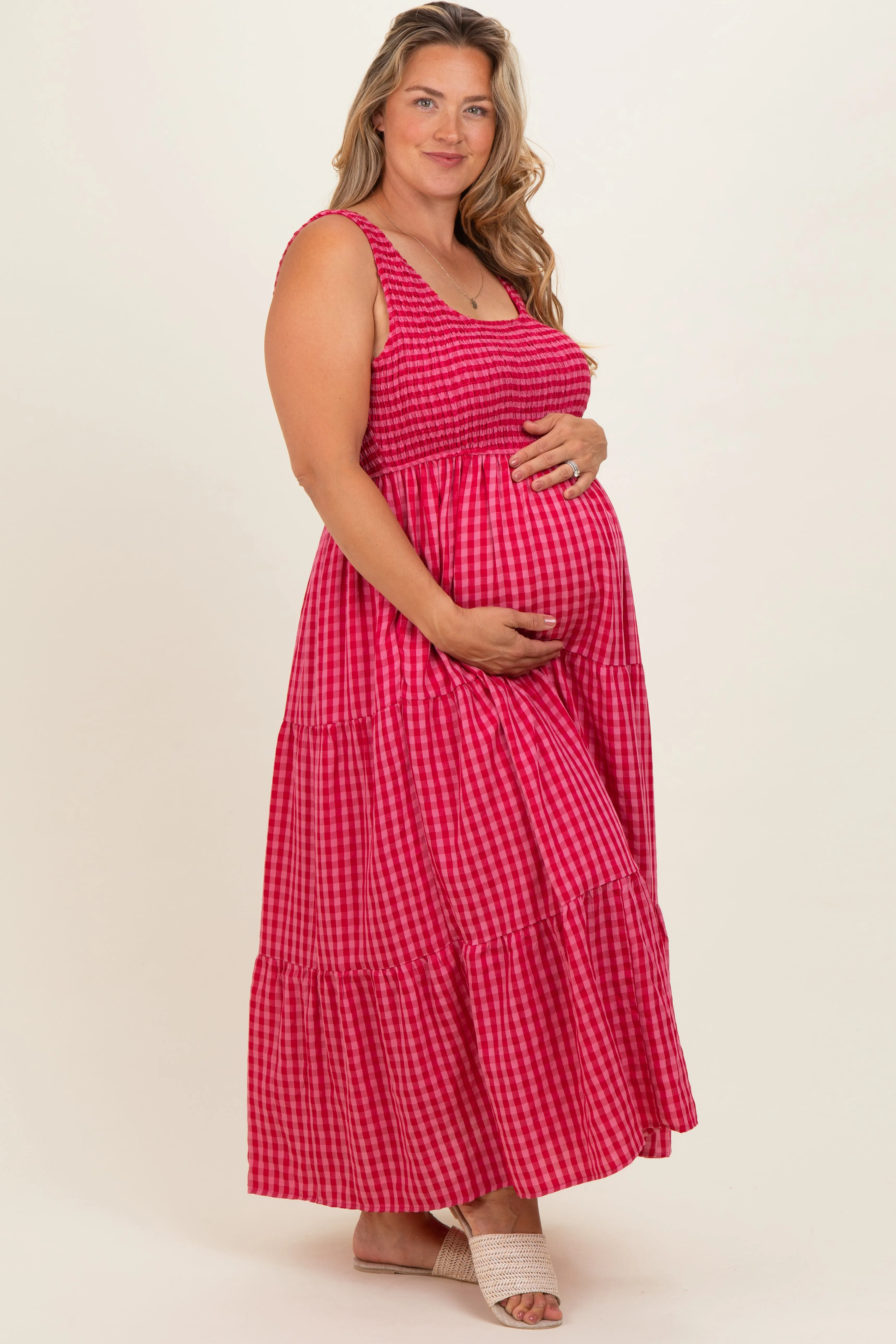 Fuchsia Plaid Tiered Maternity Plus Maxi Dress sold by Pinkblush product image thumbnail 3