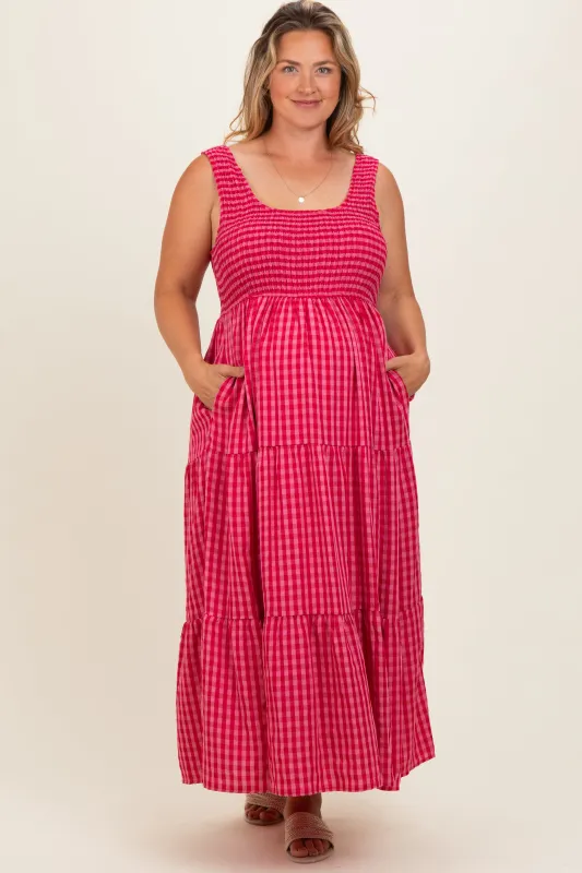 Fuchsia Plaid Tiered Maternity Plus Maxi Dress made by BaeVely