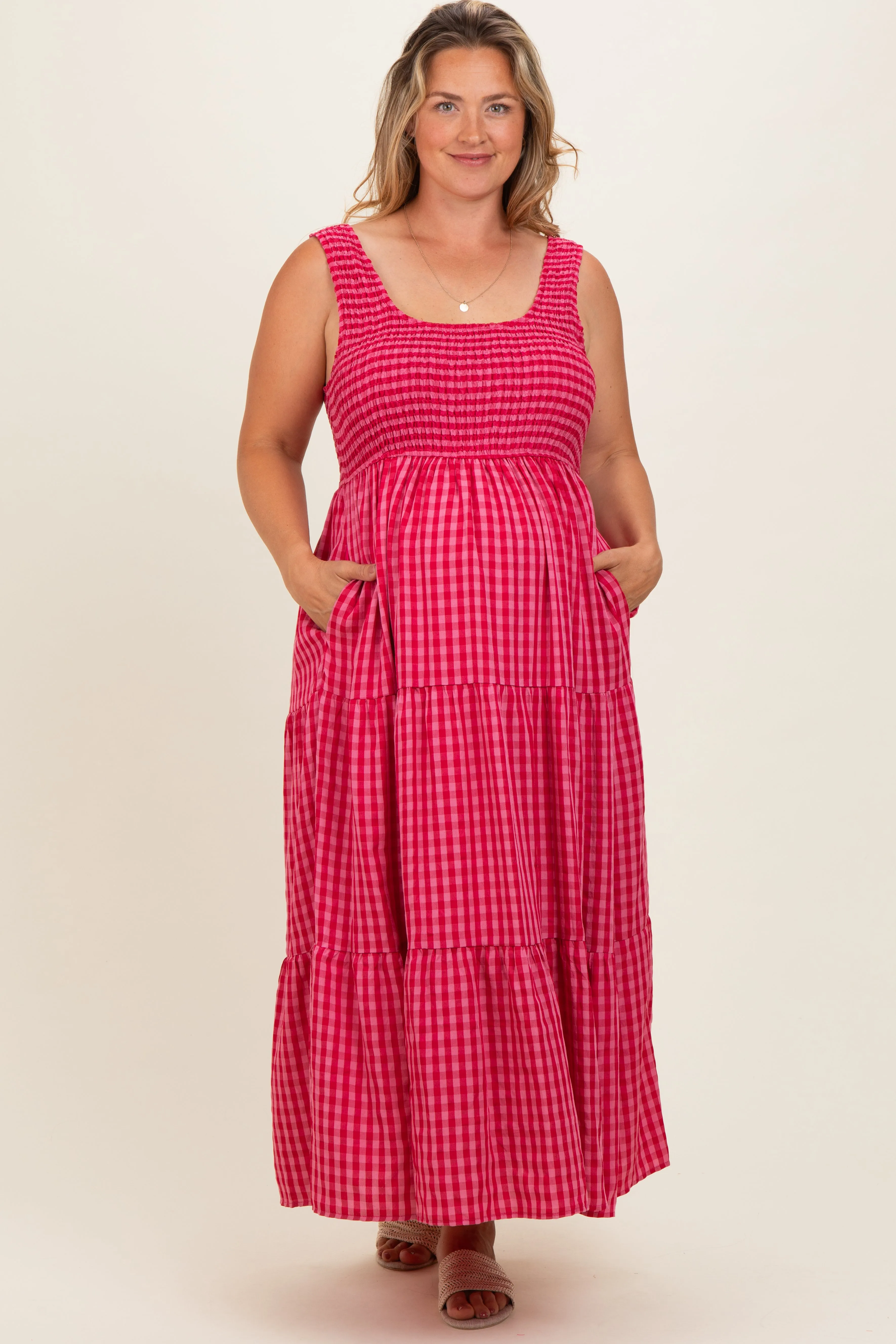 Fuchsia Plaid Tiered Maternity Plus Maxi Dress sold by Pinkblush