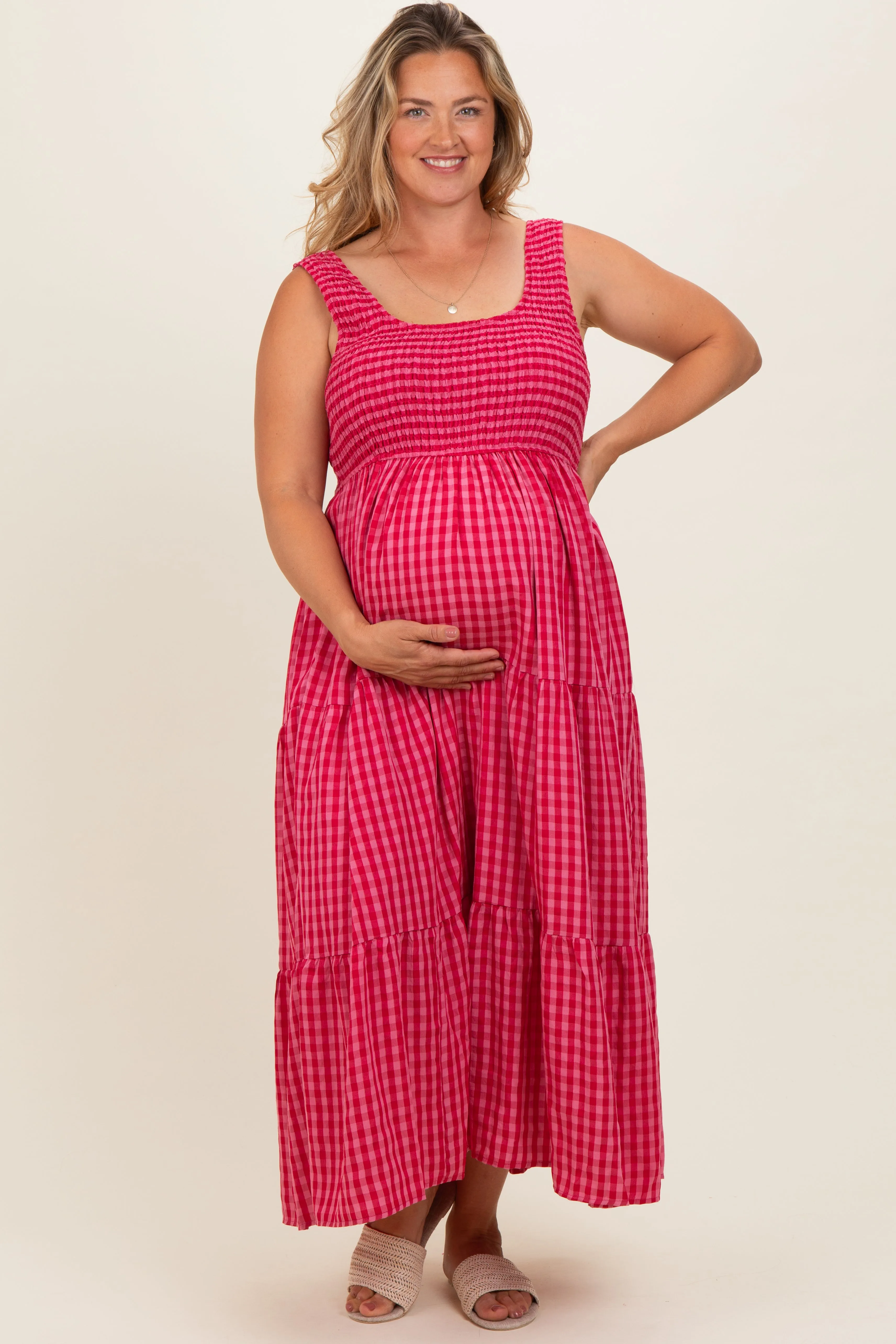 Fuchsia Plaid Tiered Maternity Plus Maxi Dress sold by Pinkblush product image thumbnail 2