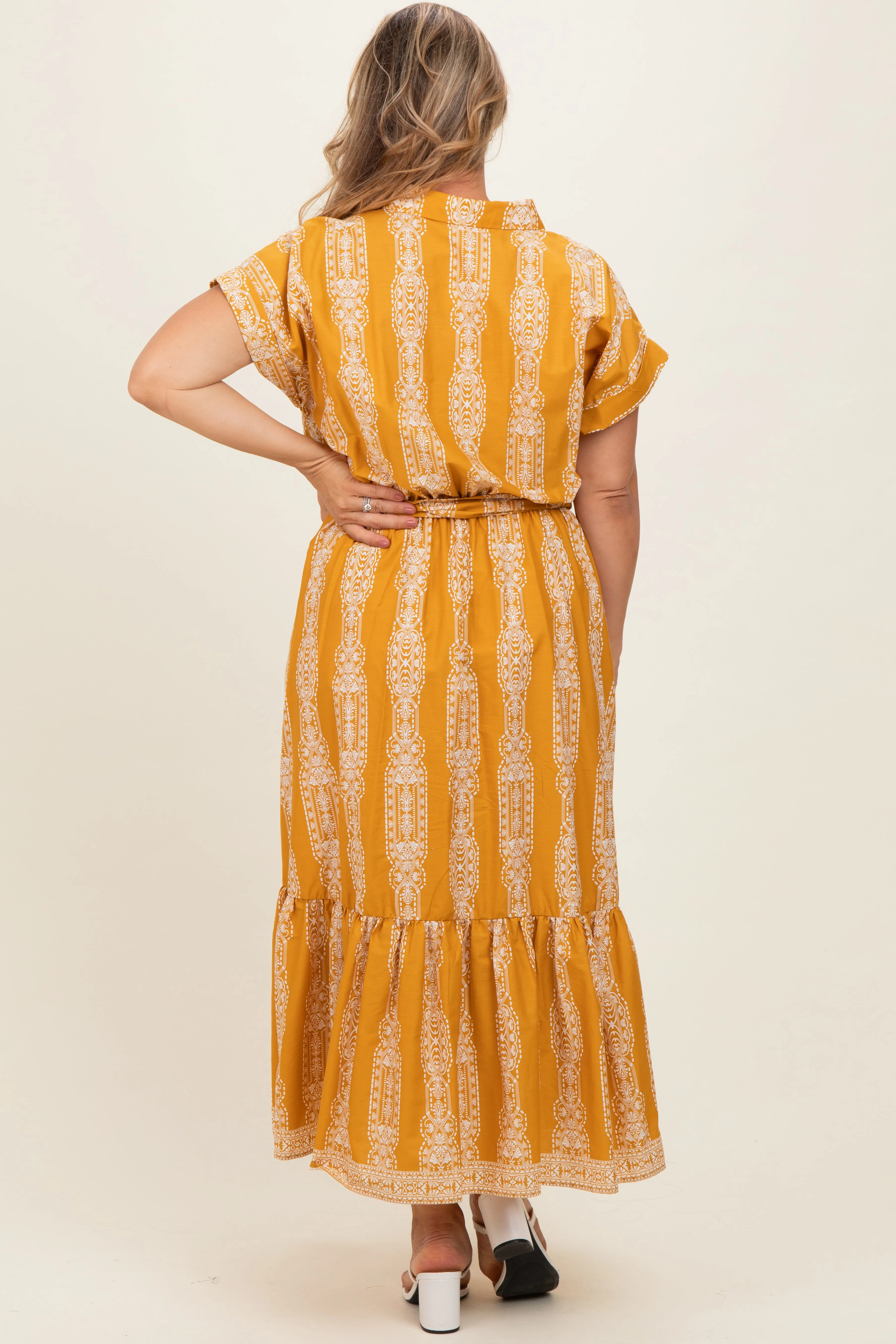Mustard Damask Print Maternity Plus Midi Shirt Dress sold by Pinkblush product image thumbnail 4