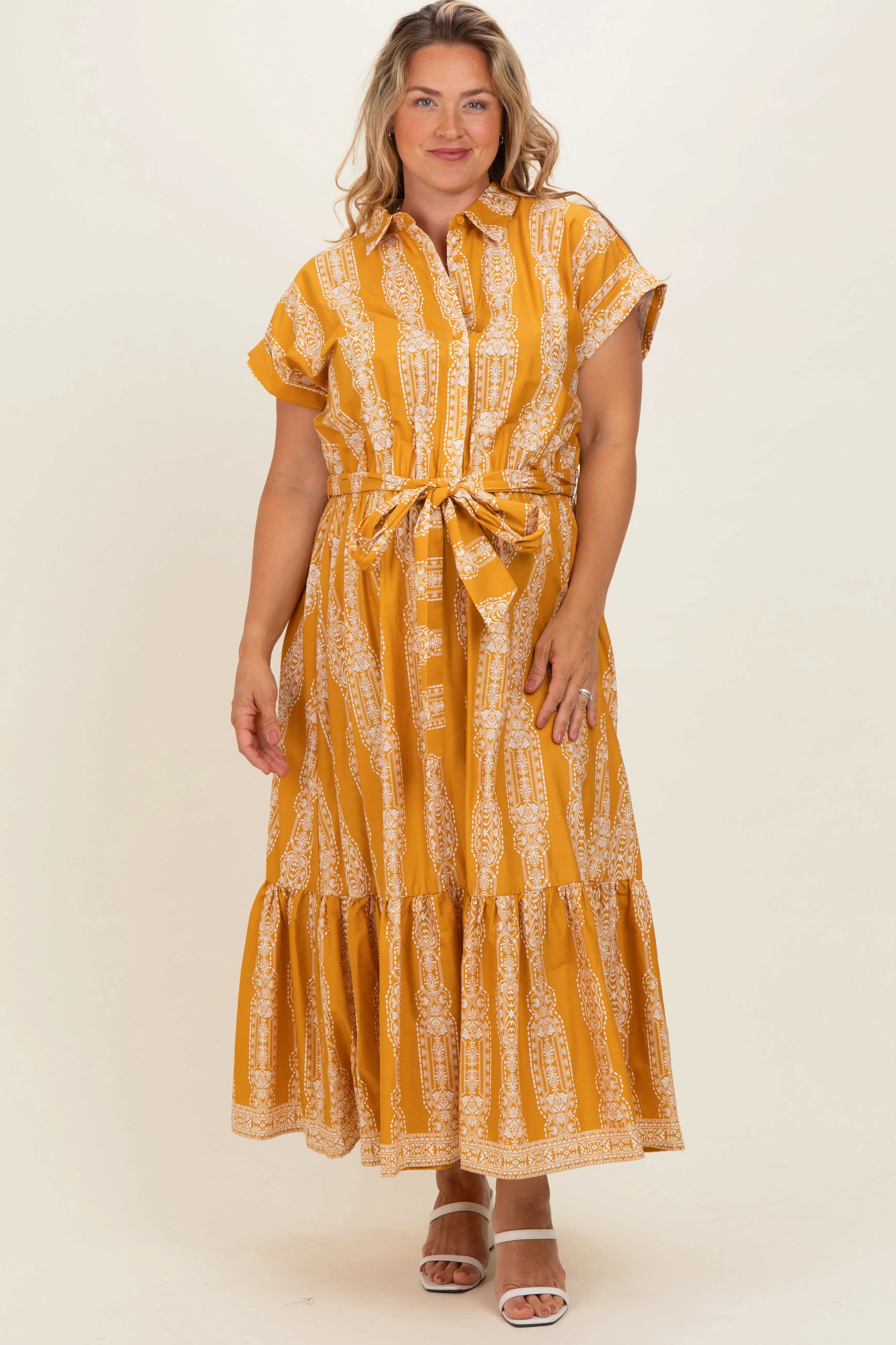 Mustard Damask Print Maternity Plus Midi Shirt Dress sold by Pinkblush
