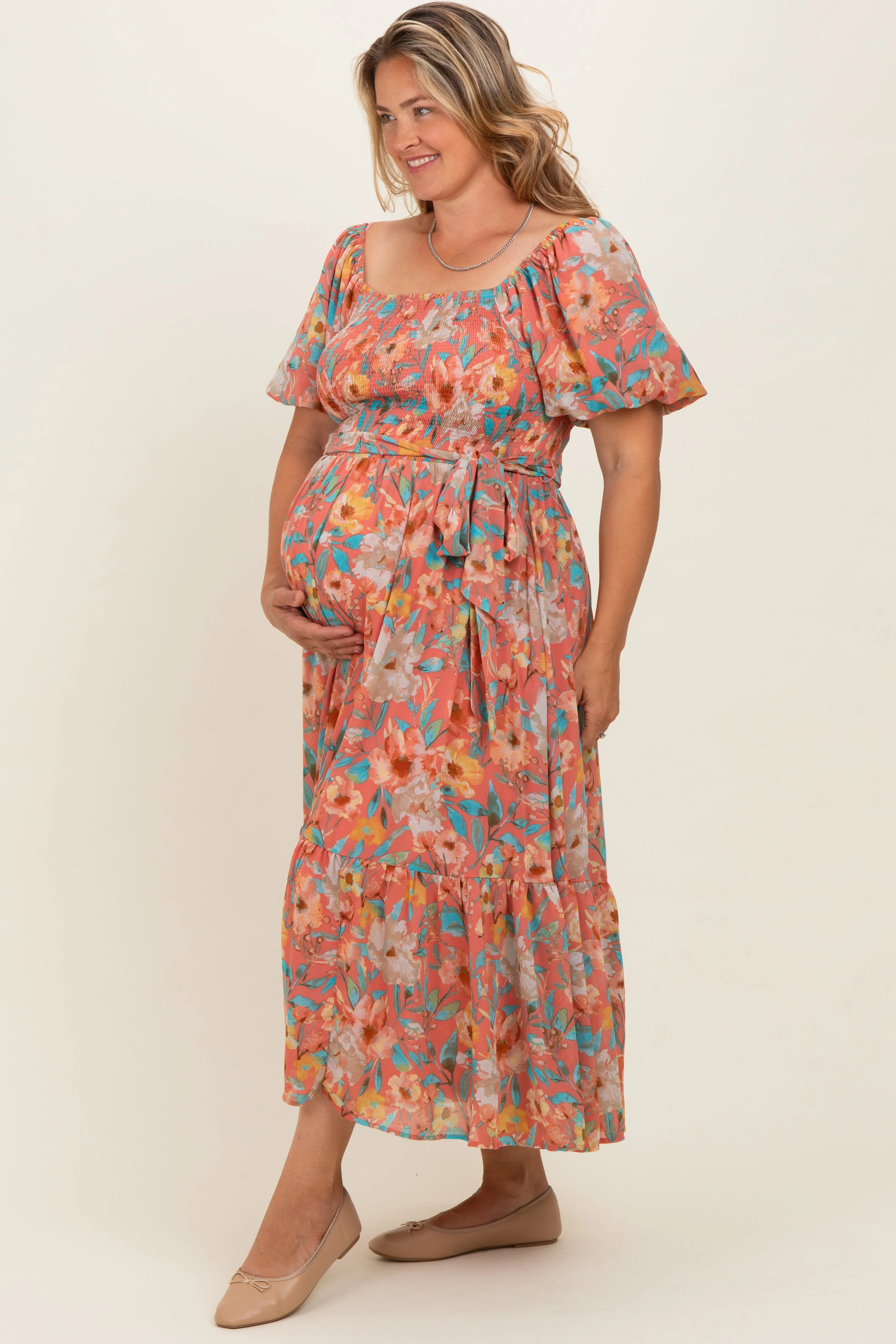 Pink Floral Smocked Puffed Sleeve Maternity Plus Midi Dress sold by Pinkblush product image thumbnail 3