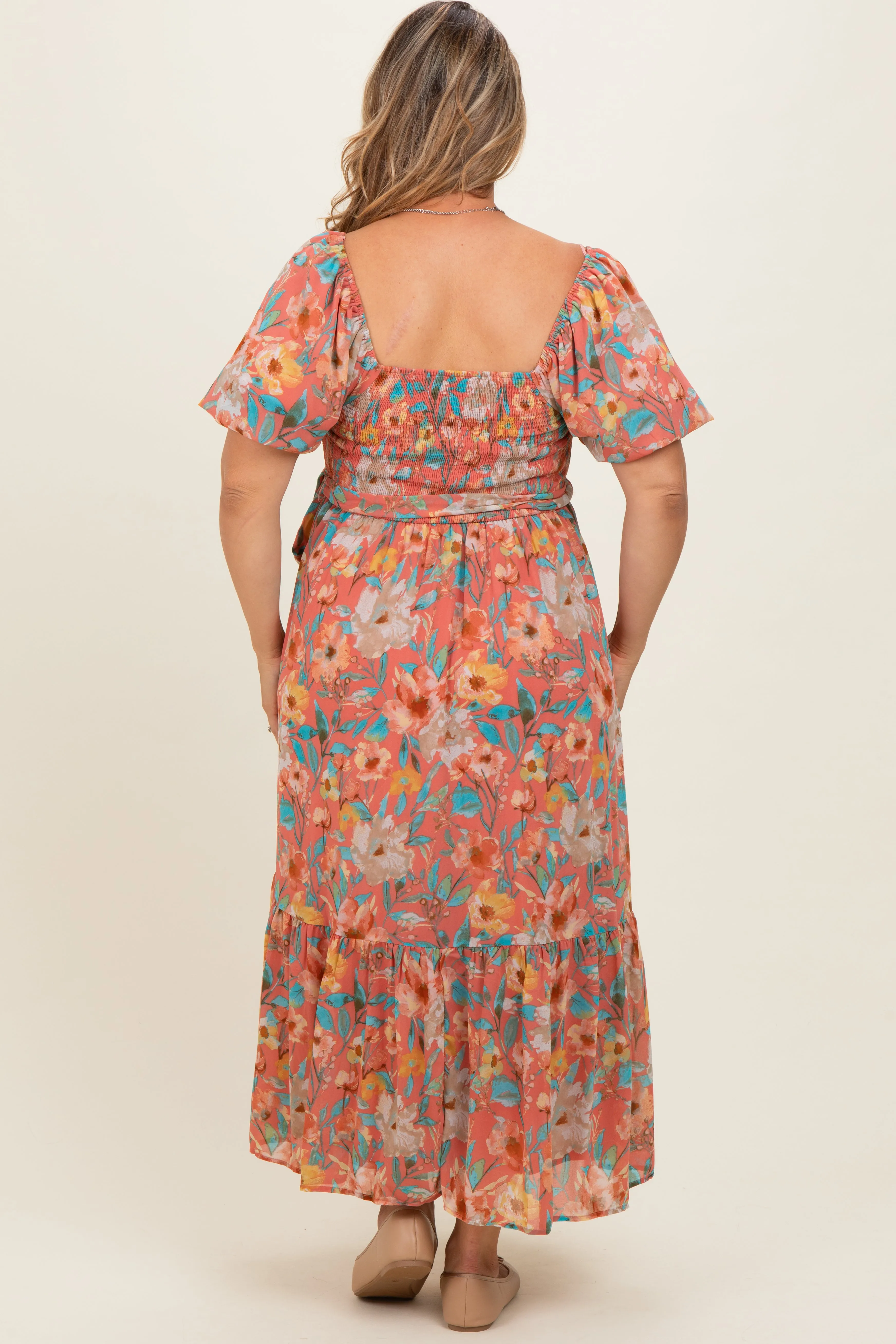Pink Floral Smocked Puffed Sleeve Maternity Plus Midi Dress sold by Pinkblush product image thumbnail 4