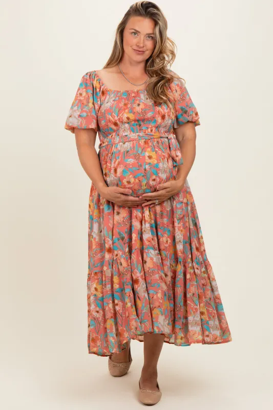Pink Floral Smocked Puffed Sleeve Maternity Plus Midi Dress made by Flying Tomato
