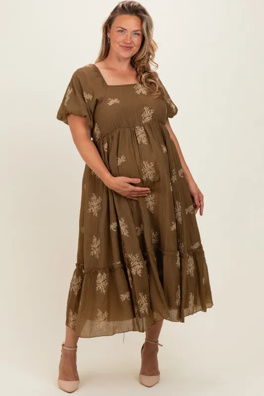 Taupe Floral Print Ruffle Hem Maternity Plus Midi Dress made by Polagram