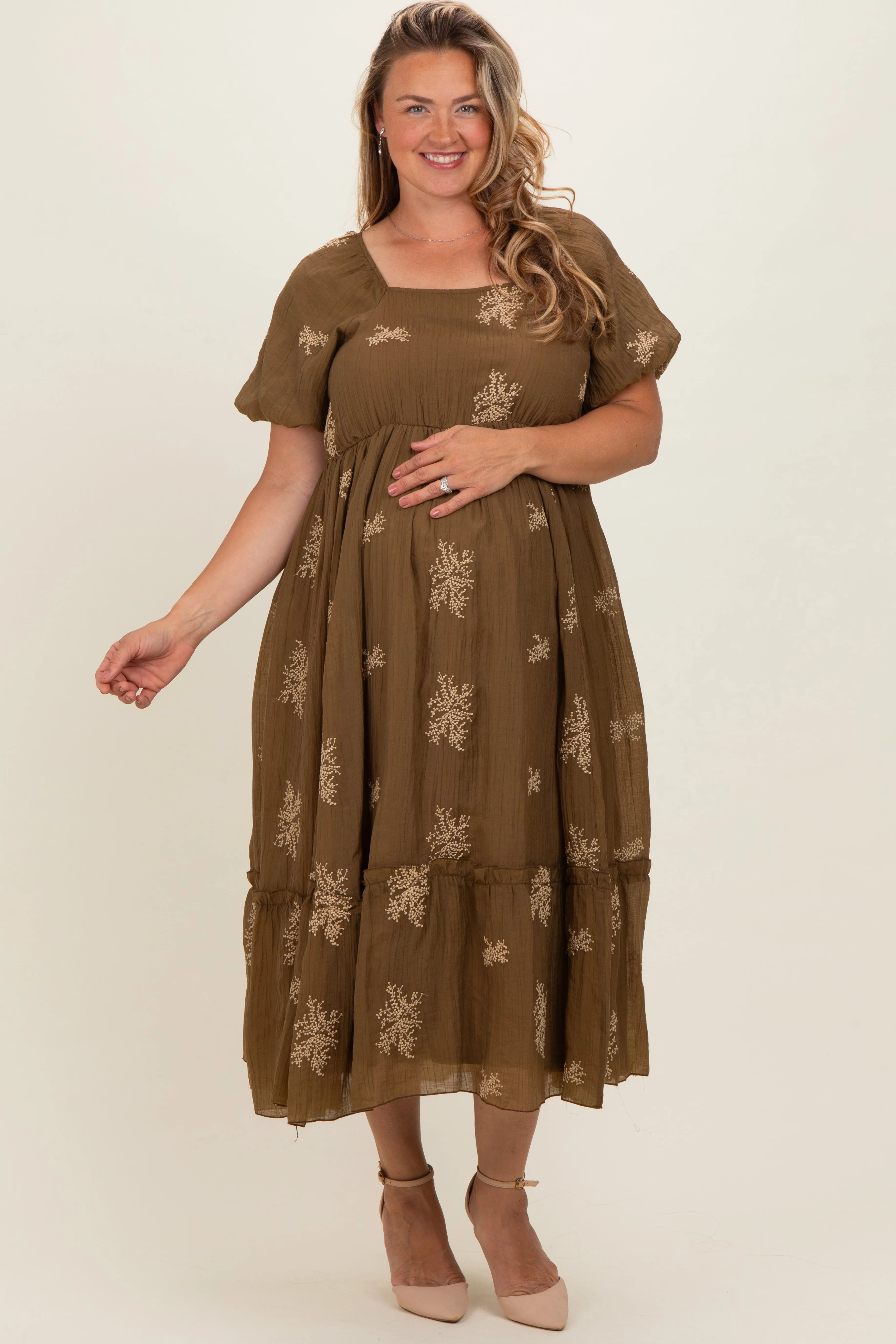 Taupe Floral Print Ruffle Hem Maternity Plus Midi Dress sold by Pinkblush product image thumbnail 2