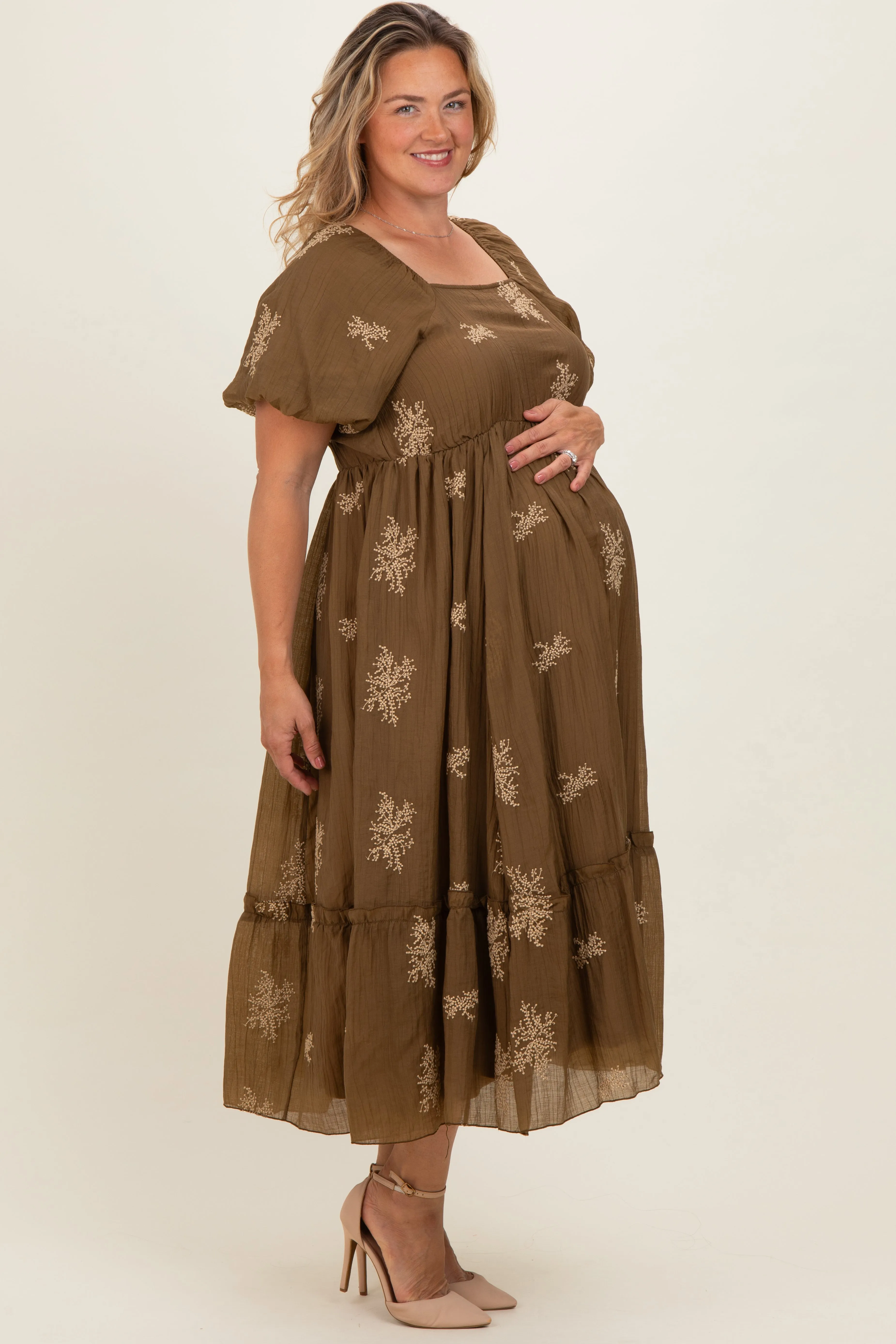 Taupe Floral Print Ruffle Hem Maternity Plus Midi Dress sold by Pinkblush product image thumbnail 3