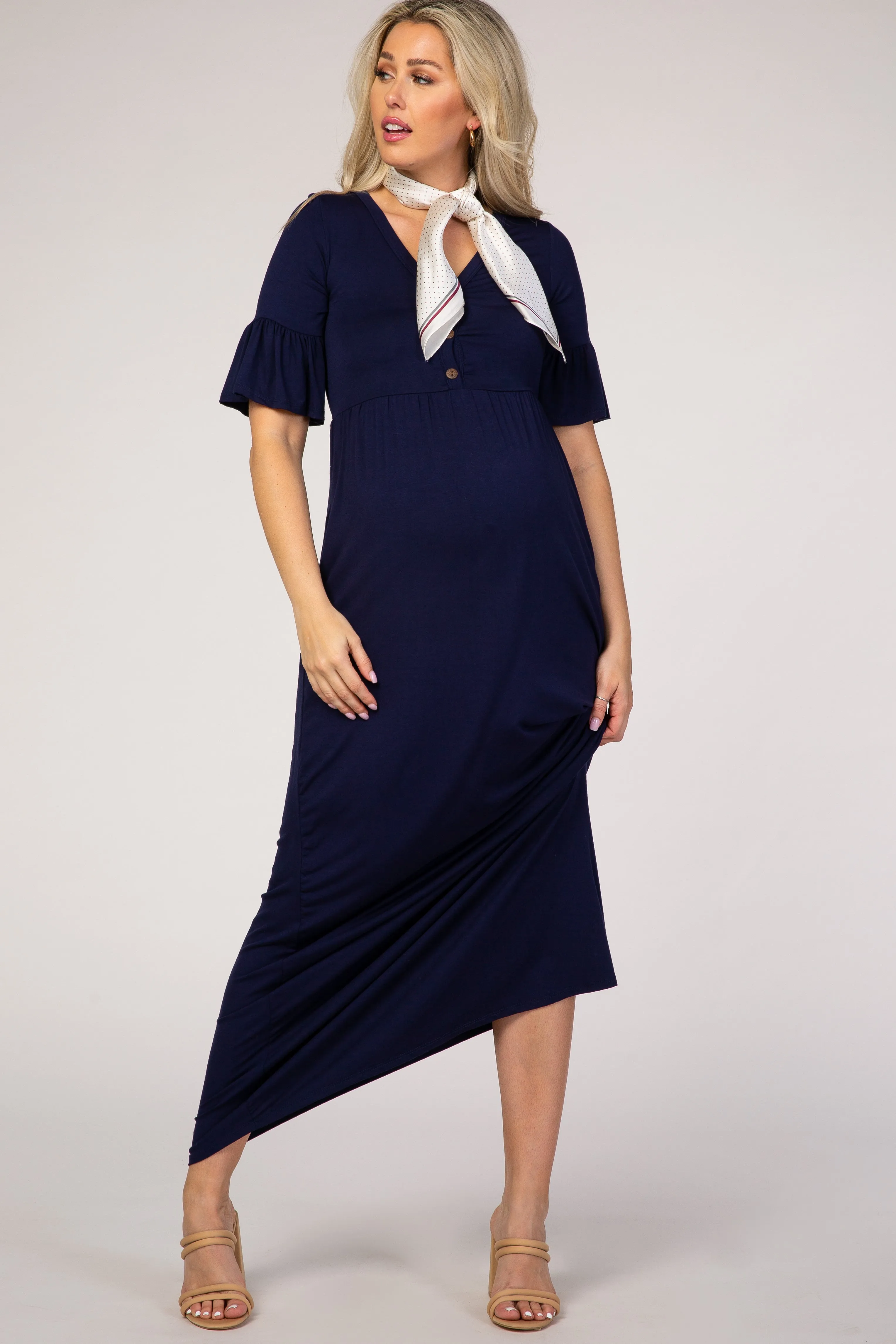 Navy Blue Button Ruffle Sleeve Maternity Maxi Dress sold by Pinkblush product image thumbnail 5