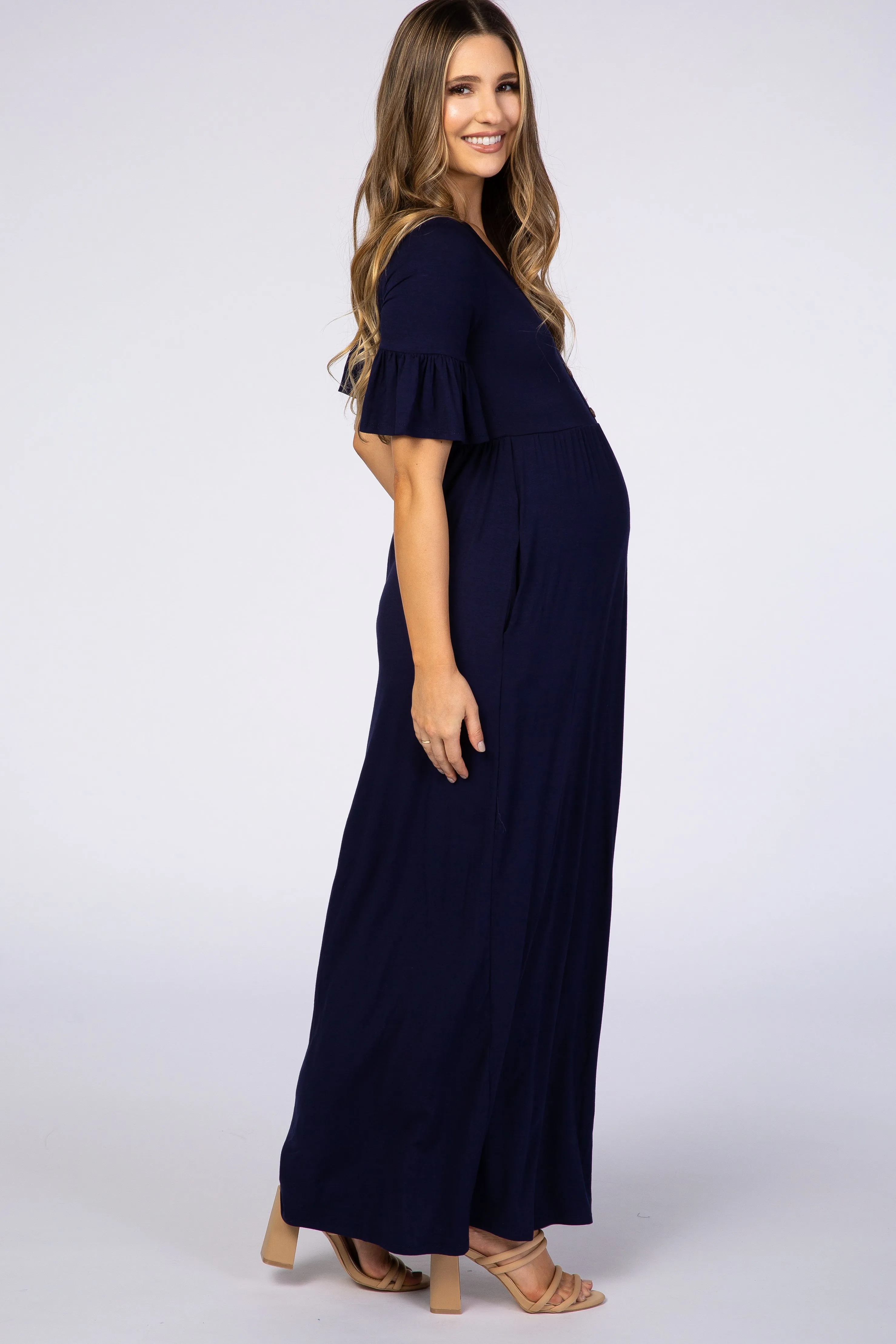 Navy Blue Button Ruffle Sleeve Maternity Maxi Dress sold by Pinkblush product image thumbnail 2
