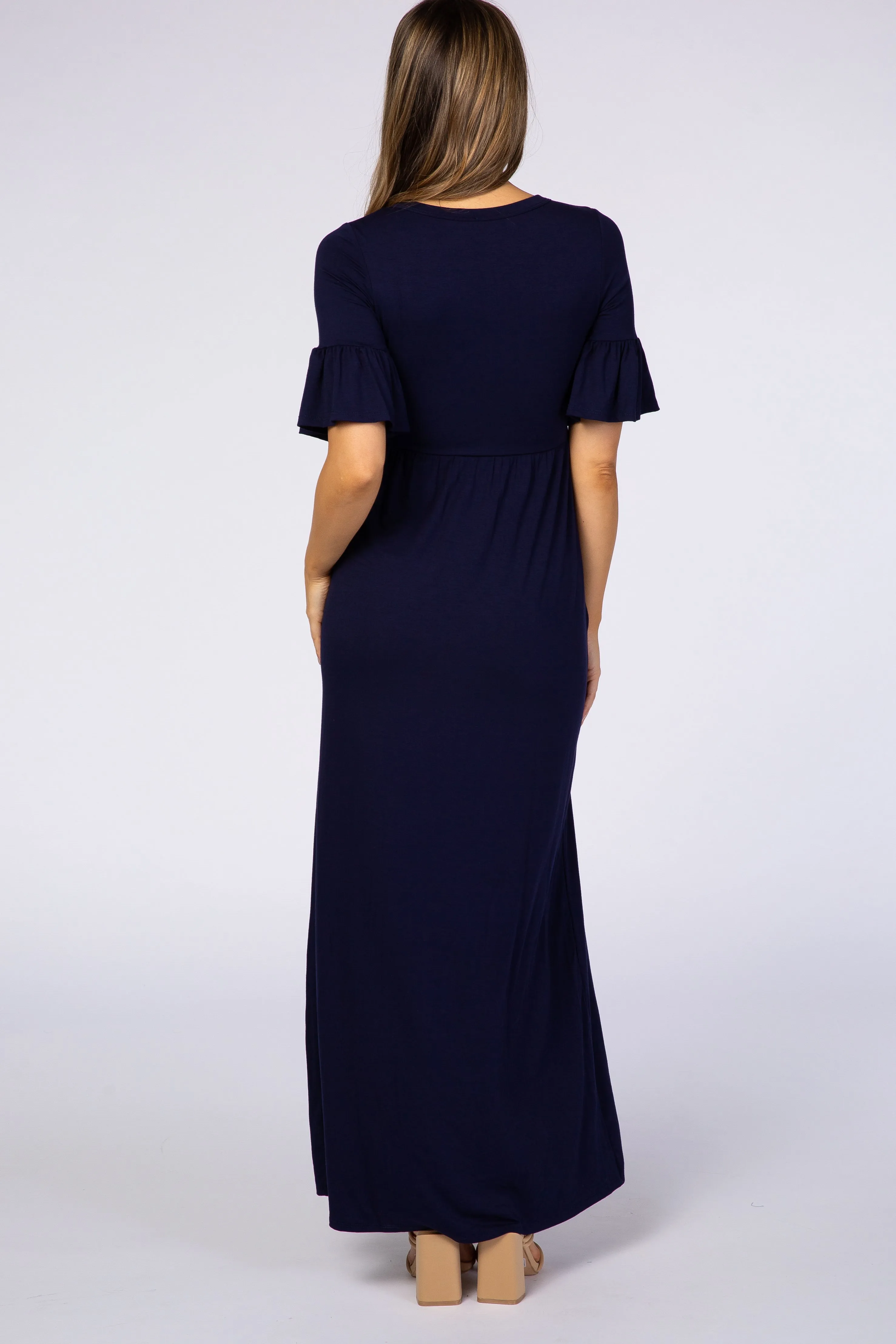 Navy Blue Button Ruffle Sleeve Maternity Maxi Dress sold by Pinkblush product image thumbnail 3
