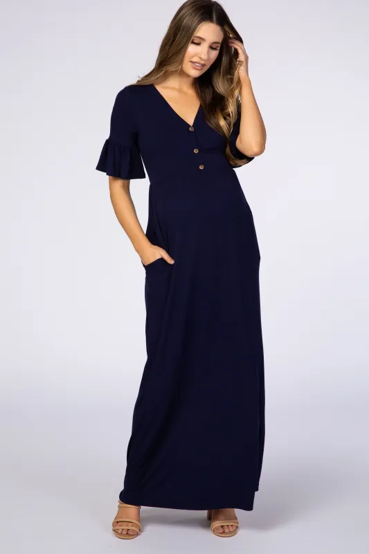 Navy Blue Button Ruffle Sleeve Maternity Maxi Dress made by Pinkblush