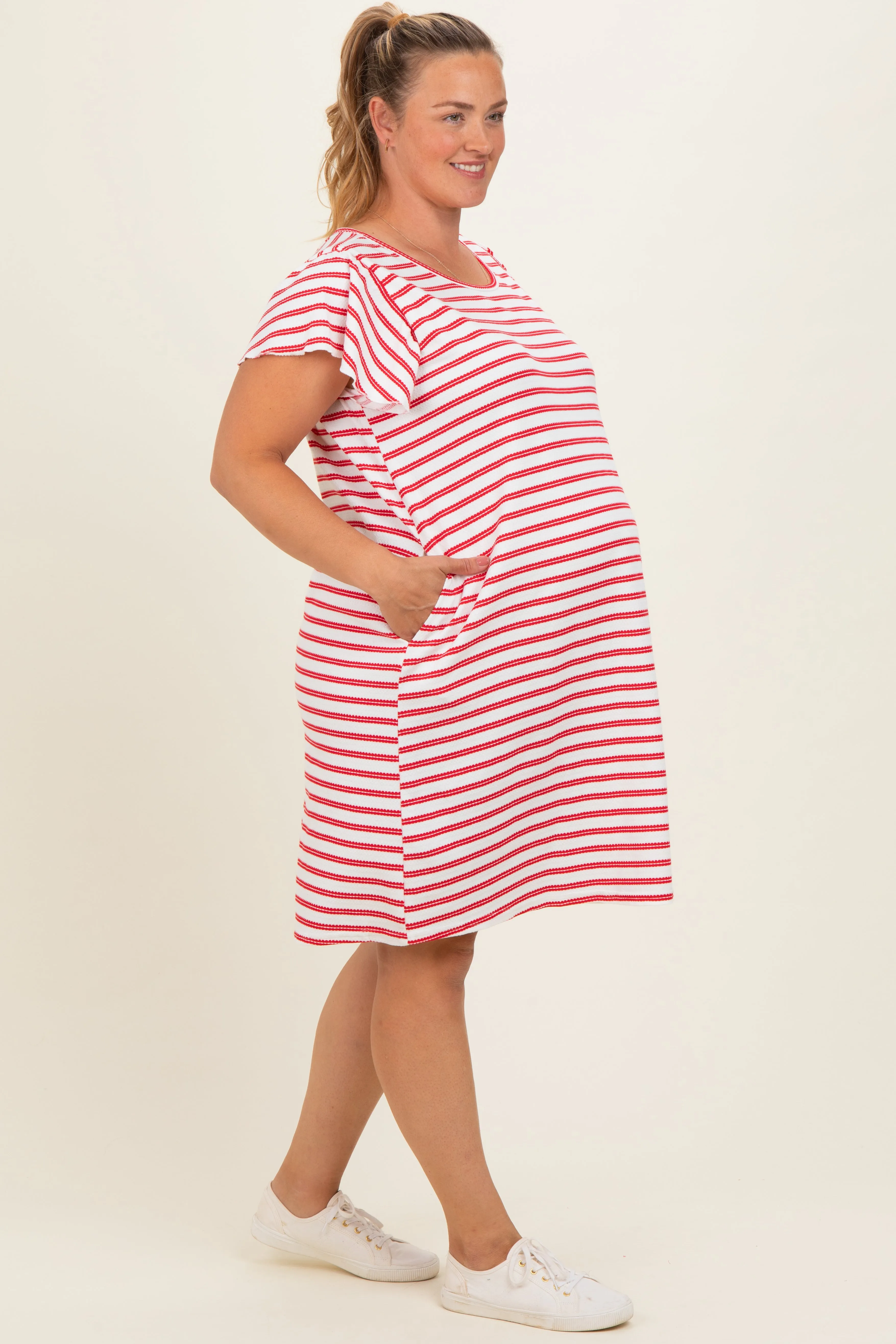 Red Striped Flutter Sleeve Maternity Plus T-Shirt Dress sold by Pinkblush product image thumbnail 3
