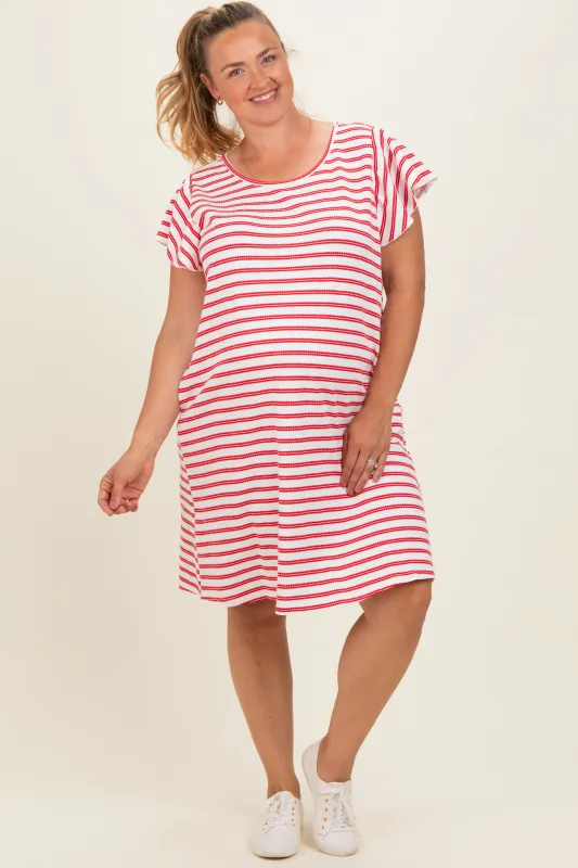 Red Striped Flutter Sleeve Maternity Plus T-Shirt Dress made by Polagram