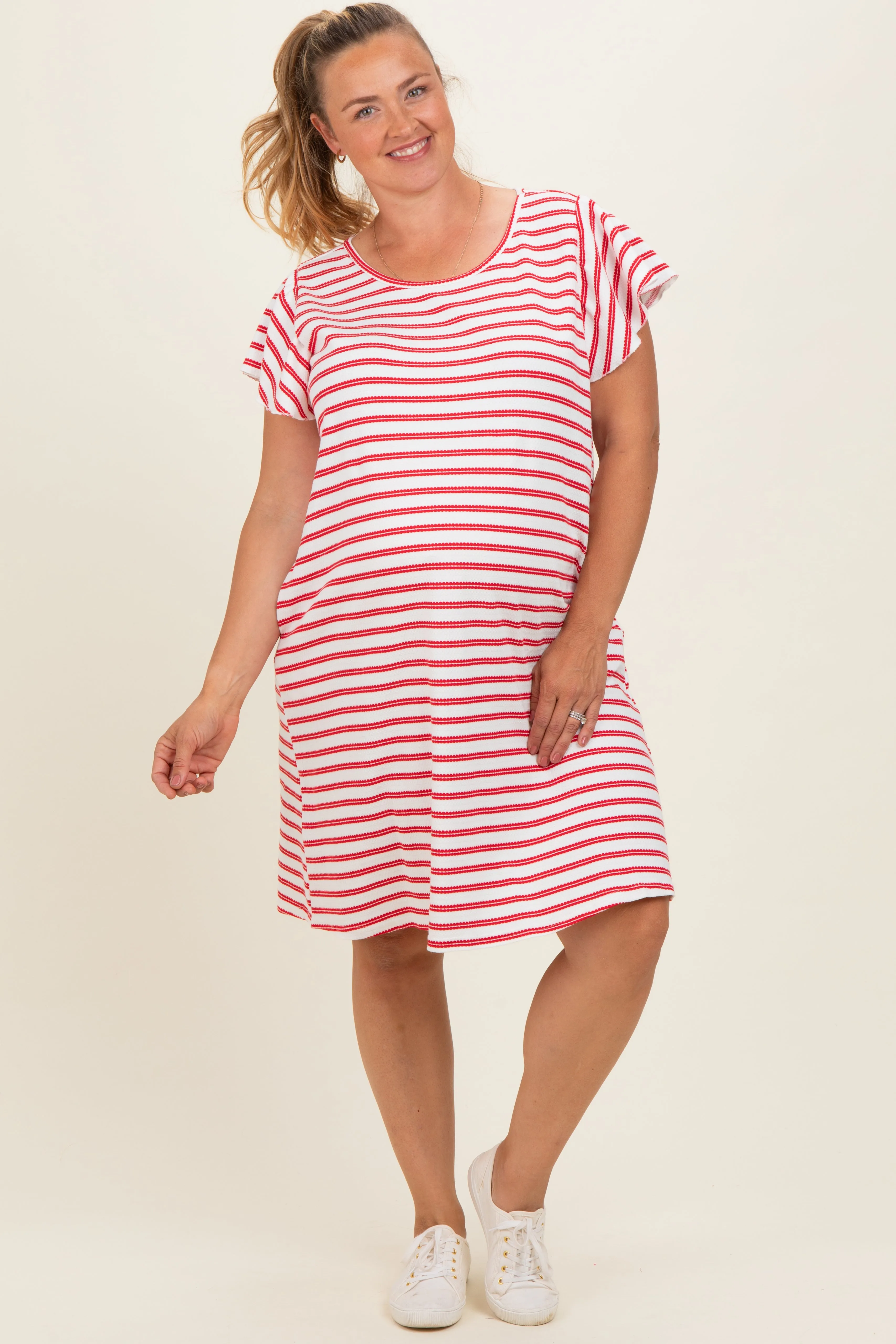 Red Striped Flutter Sleeve Maternity Plus T-Shirt Dress sold by Pinkblush