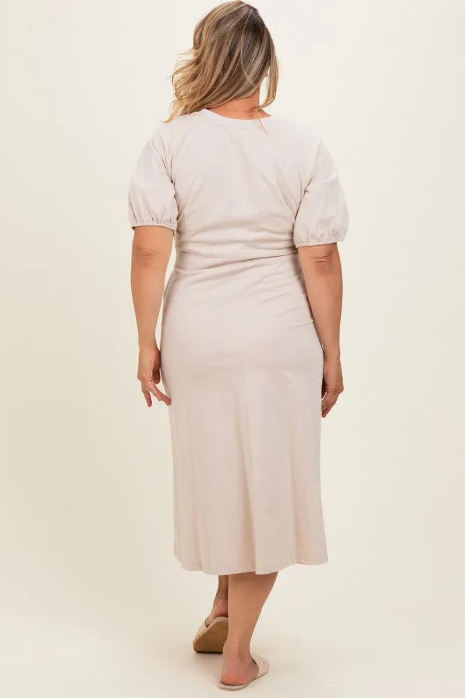 Beige Puff Sleeve Maternity Plus Midi Dress sold by Pinkblush product image thumbnail 4